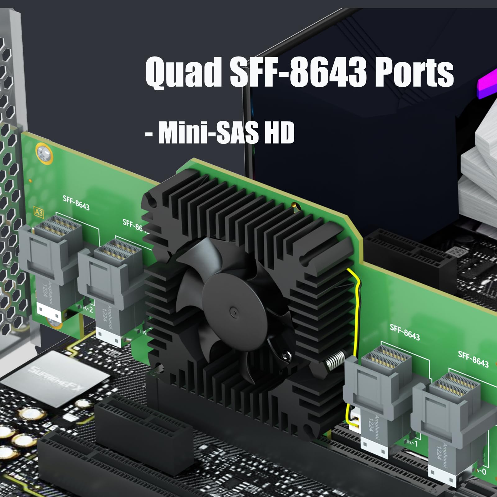GLOTRENDS SF44 Carte Adaptateur 4 Ports SFF-8643 (Mini-SAS HD) vers PCIE 3.0 X8 avec Fonction de Bifurcation PCIe, Support Standard et à Profil Bas