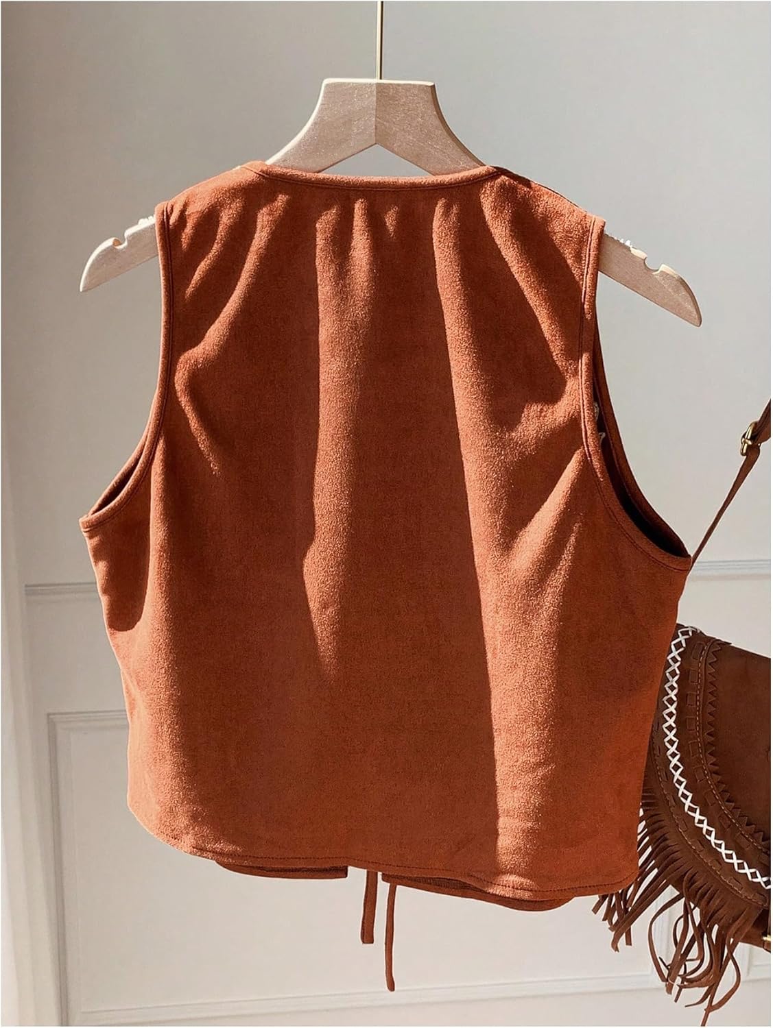 GORGLITTER Women's Western Suede Vest Boho Floral Embroidered Tops Tie Front Cowgirl Redeo Cardigan Nashville Outfits Brown Large - Image 2