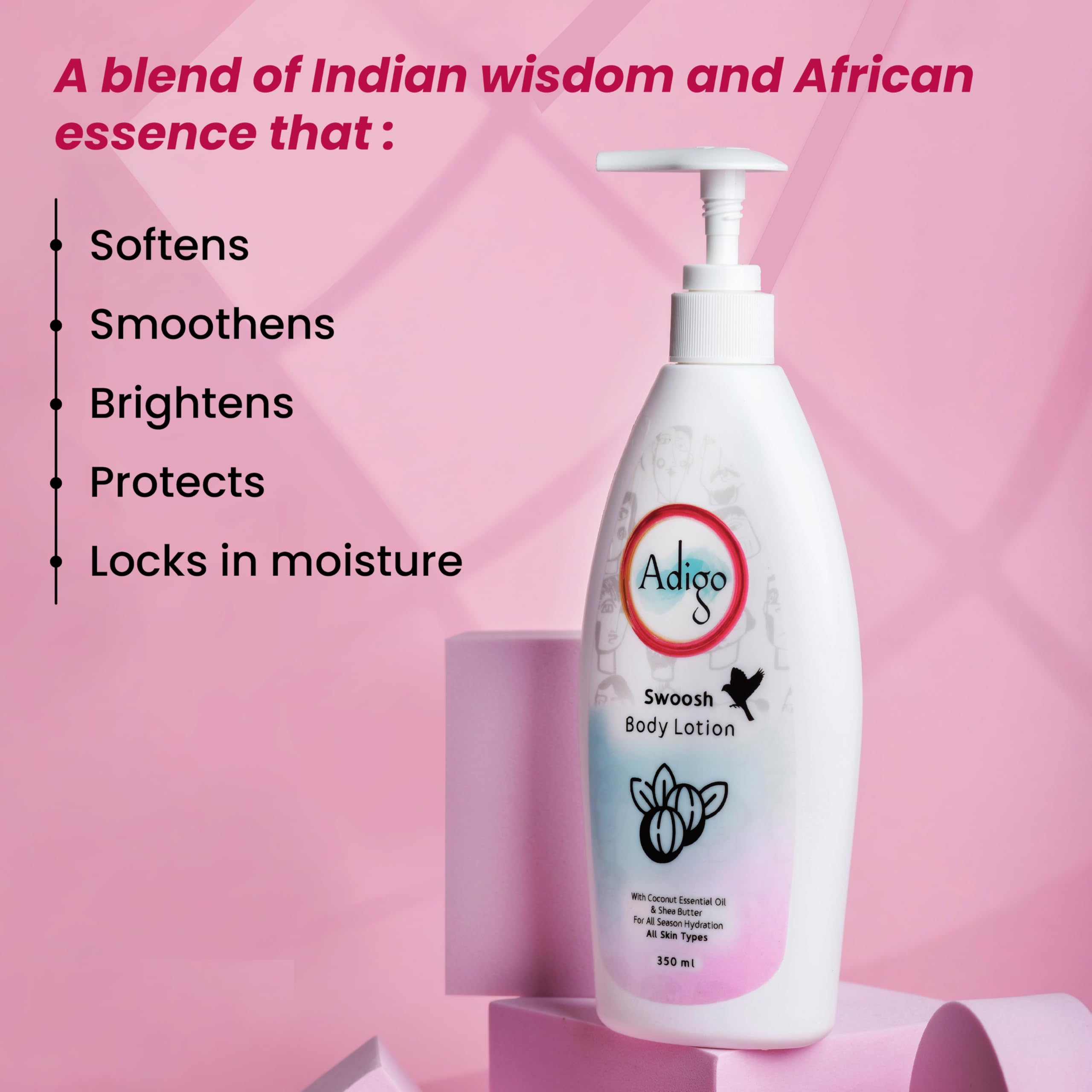 Adigo Swoosh Body Lotion, All Skin types, All-Season Hydration, 350 ml | Coconut Essential Oil & Shea Butter 1
