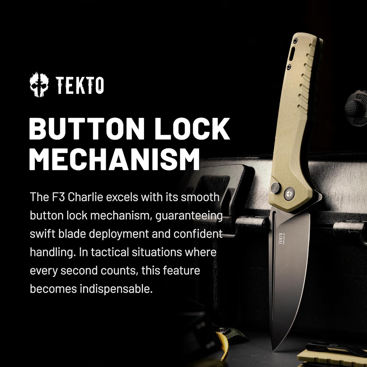 TEKTO F3 Charlie Button Lock Folding Knife, Fine Edge Blade, Tactical OD Green G10 Handle - Easy Open Pocket Knife with Titanium Coated D2 Steel & Black Titanium Barrel Spacers