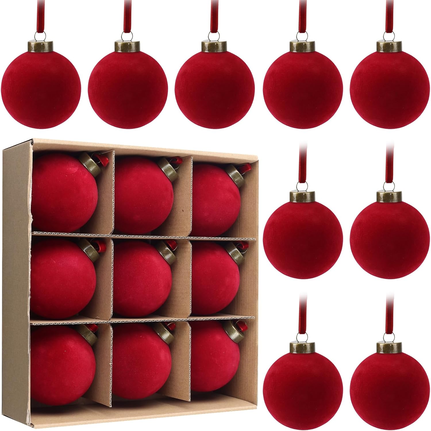 9 PCS Christmas Velvet Balls Flocked Xmas Tree Ball Ornaments Christmas Large Ball Set Xmas Tree Hanging Decoration 4 Inch, 6 Inch (Red, 3.15inch) Red 3.15inch