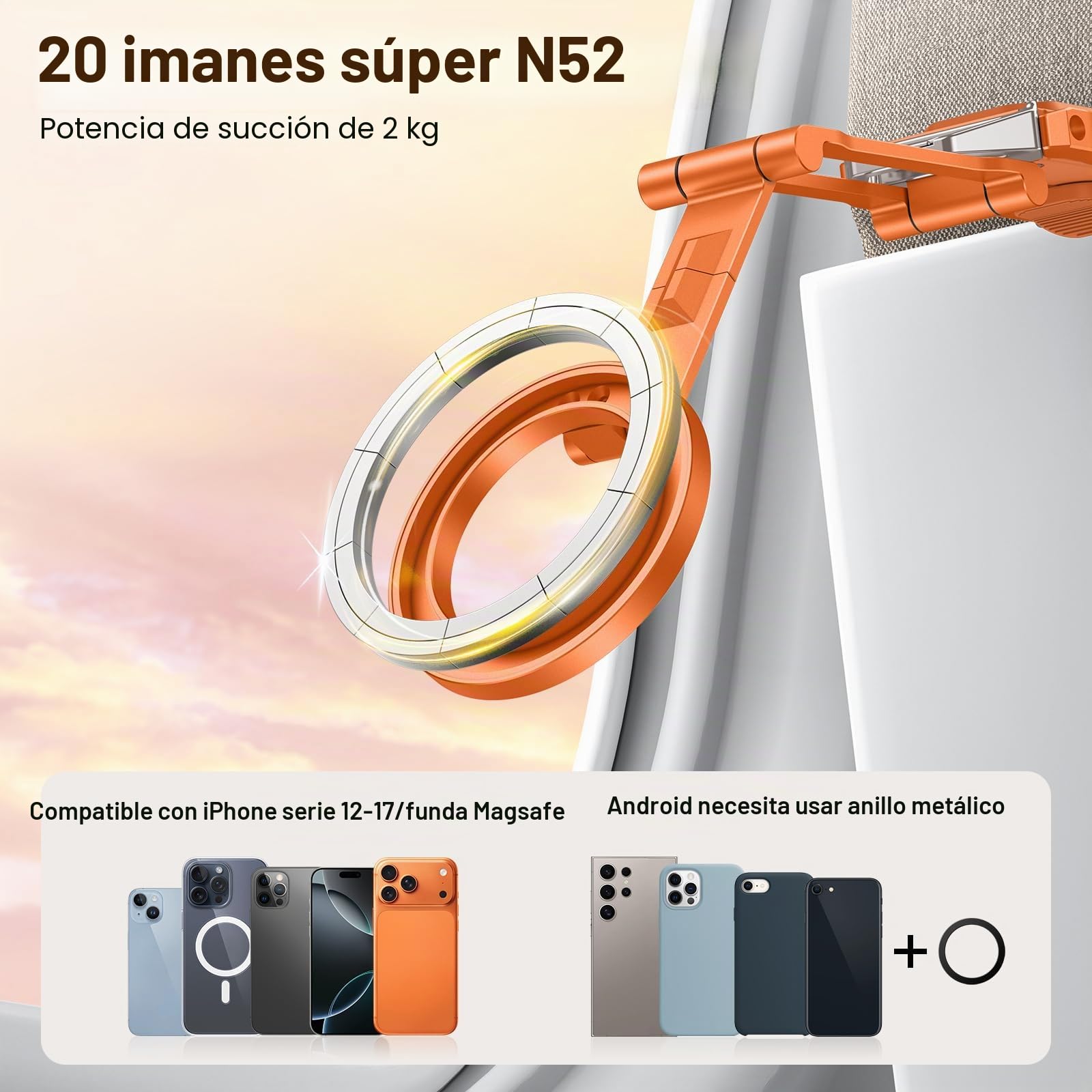 OMOTON TP02 Aluminio Trípode Magnético para Teléfono, Rotación 360° para Trípode con MagSafe, Soporte Ajustable 4 en 1 para iPhone 17/16/15/14 Pro MAX Air, Ideal para Gimnasio, Vlogs y Viaje, Naranja