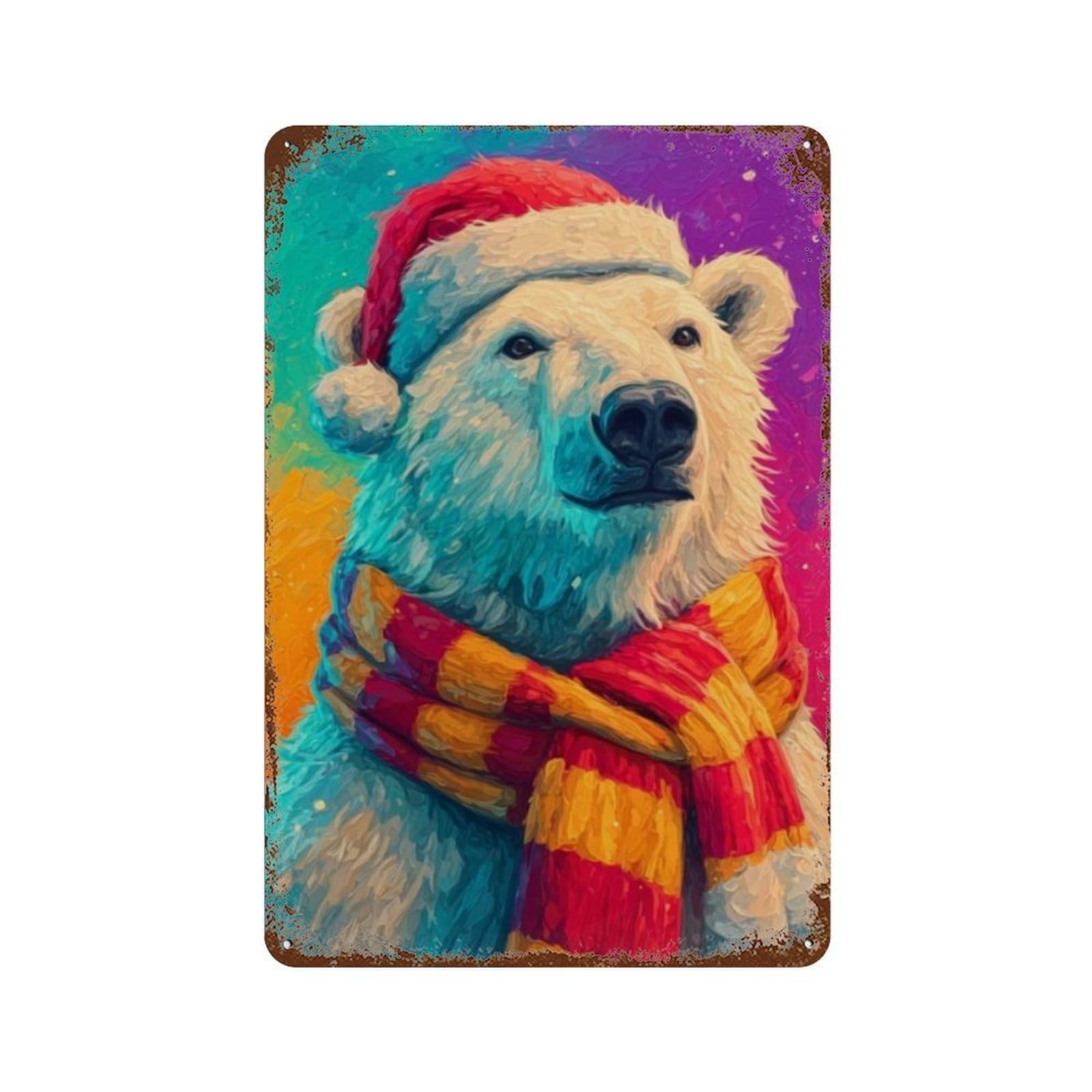 Christmas Polar Bear Art Print Vintage Wall Sign 11.8"x7.9", Rust Effect Metal Decor for Garage, Bar And Workshop Decor