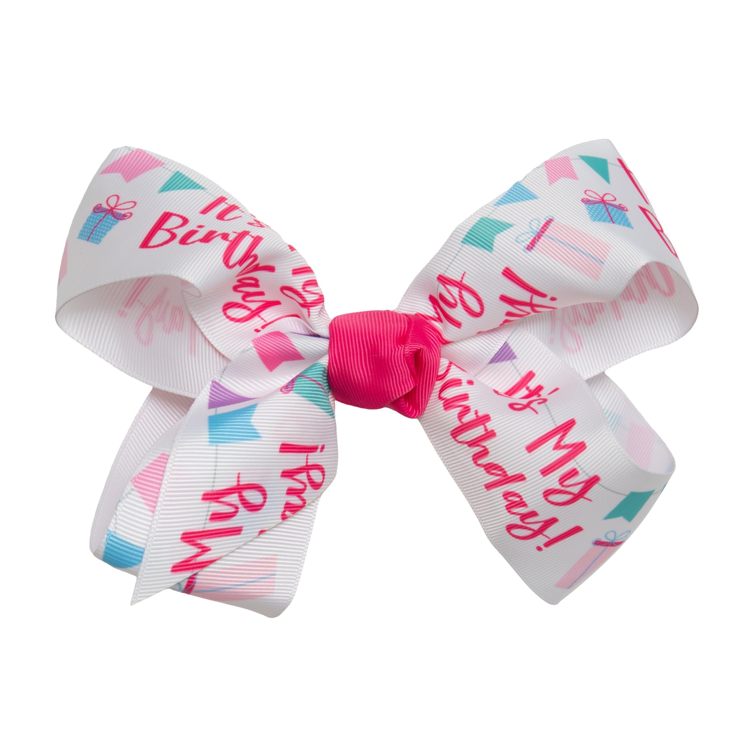 HAIRBOWS Girls' Grosgrain Hair Bow with Knot Wrap Center on a Hair Clip, All Ages and Hair Types, 6 Inch Bows, It'S My Birthday Print