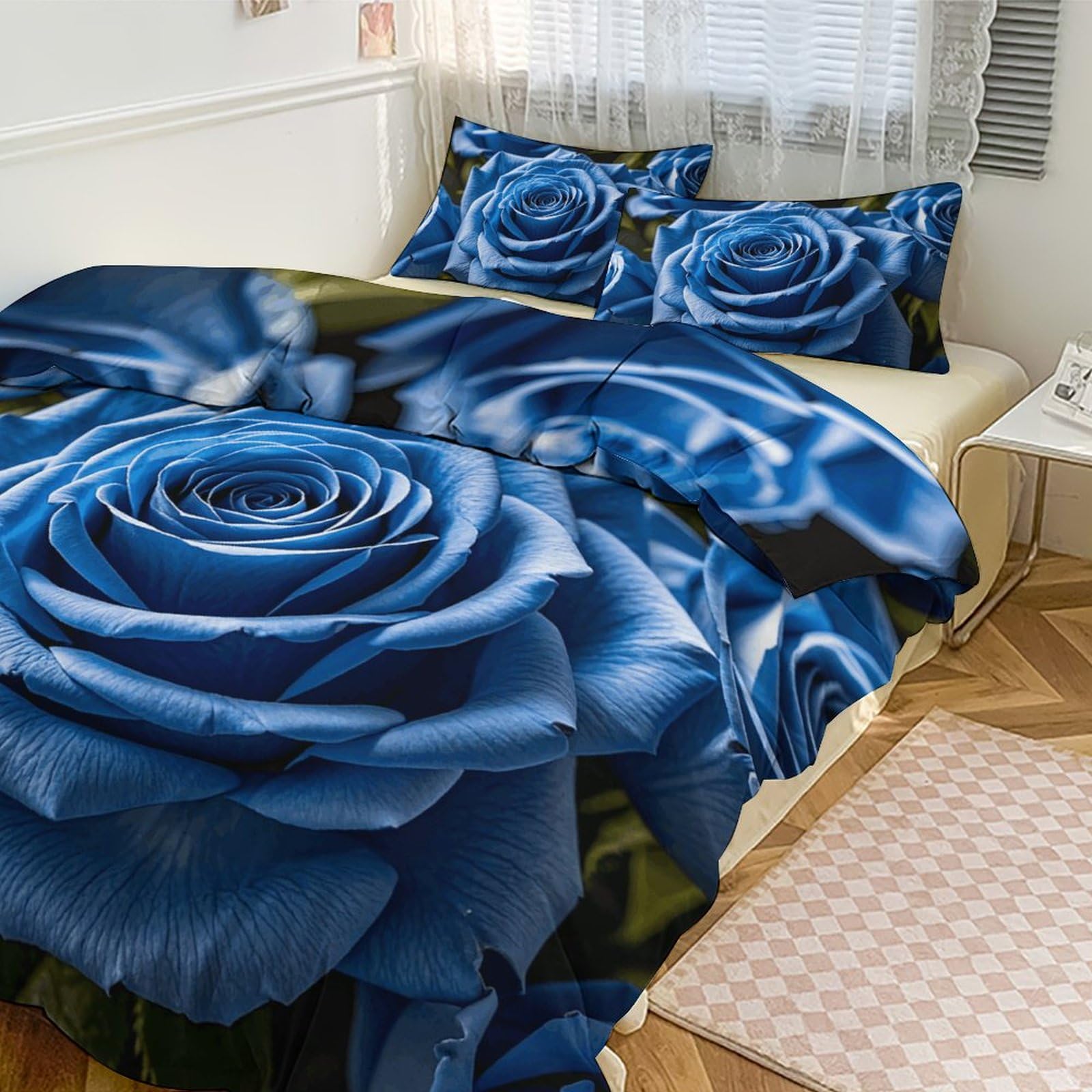 Parure de lit housse de couette facile à enfiler avec fermeture éclair cachée roses bleues