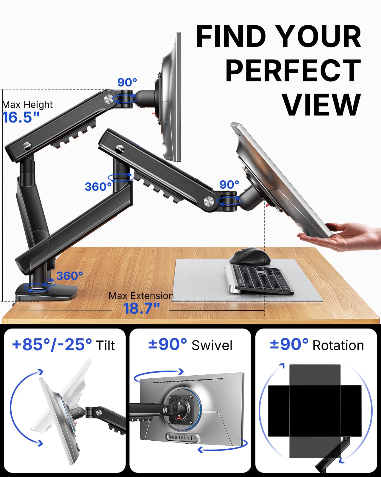HUANUO uchwyt na 2 monitory 13–32 cale, uchwyt na ekran z mechanizmem MechaSpring do 9 kg, uchwyt na monitor FlowLift Pro (nachelanie/wychylanie/rotacja) do montażu bez narzędzi VESA 75/100 mm, do