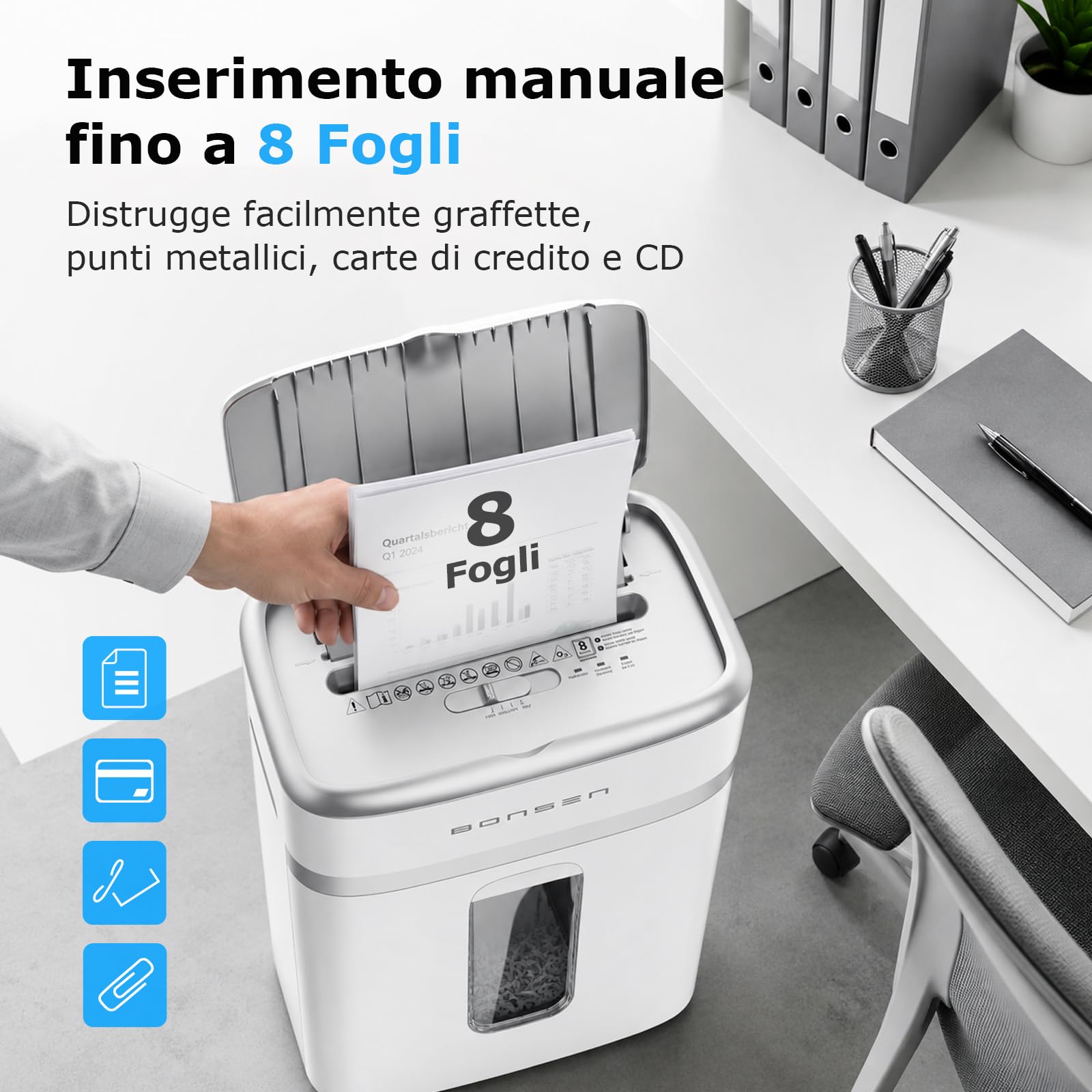 BONSEN Distruggidocumenti 100 Fogli Auto-Feed, P-4 Micro-Taglio | 30 min in continuo & silenzioso ≤60dB per casa e ufficio, S9201