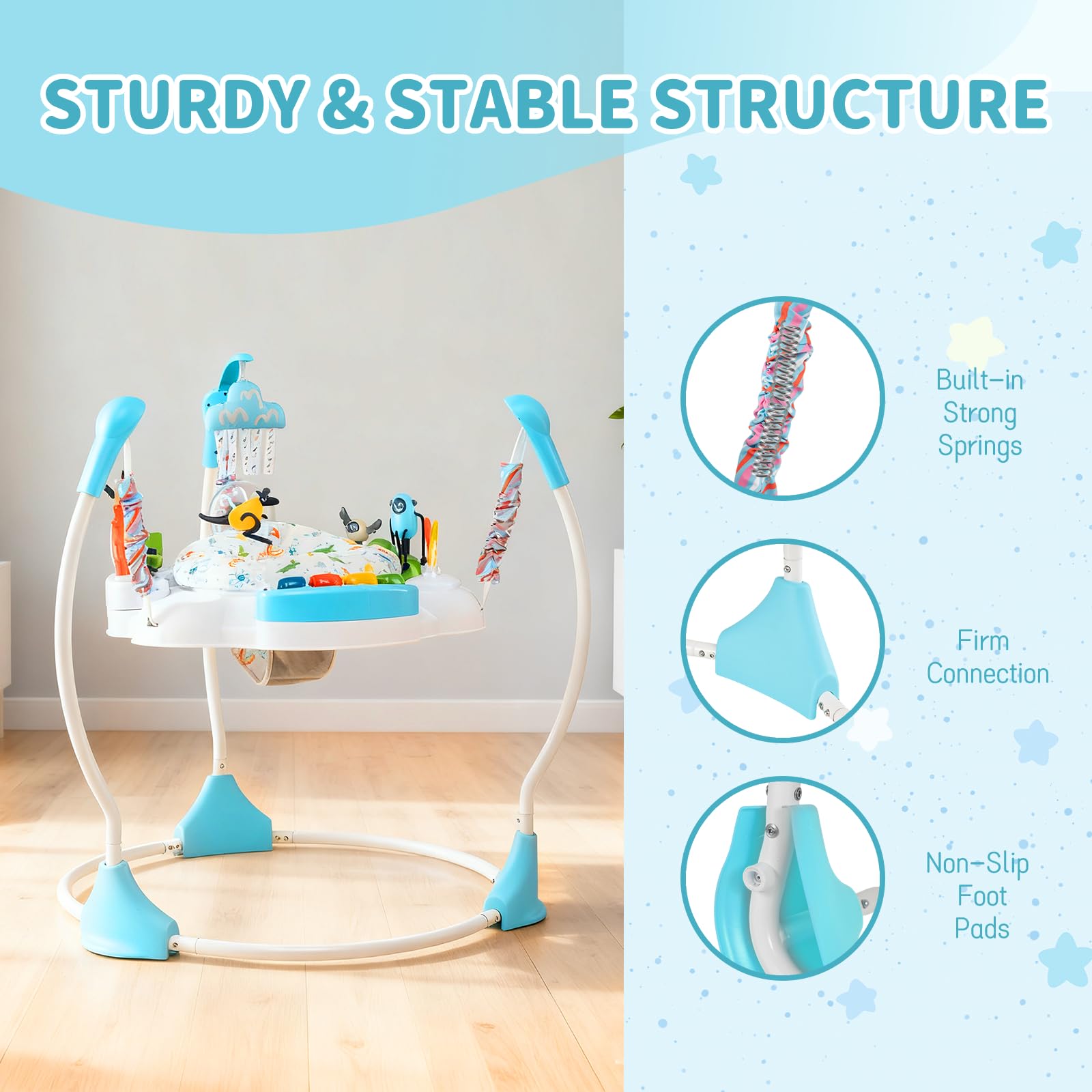 GYMAX Baby Jumpers & Bouncers, Interactive Baby Jumperoo Activity Center with 360° Rotary Seat, 3 Adjustable Heights, Music, Lights, Interactive Toys, Toddler Bouncer for 6 Months+ (Blue) — view 3