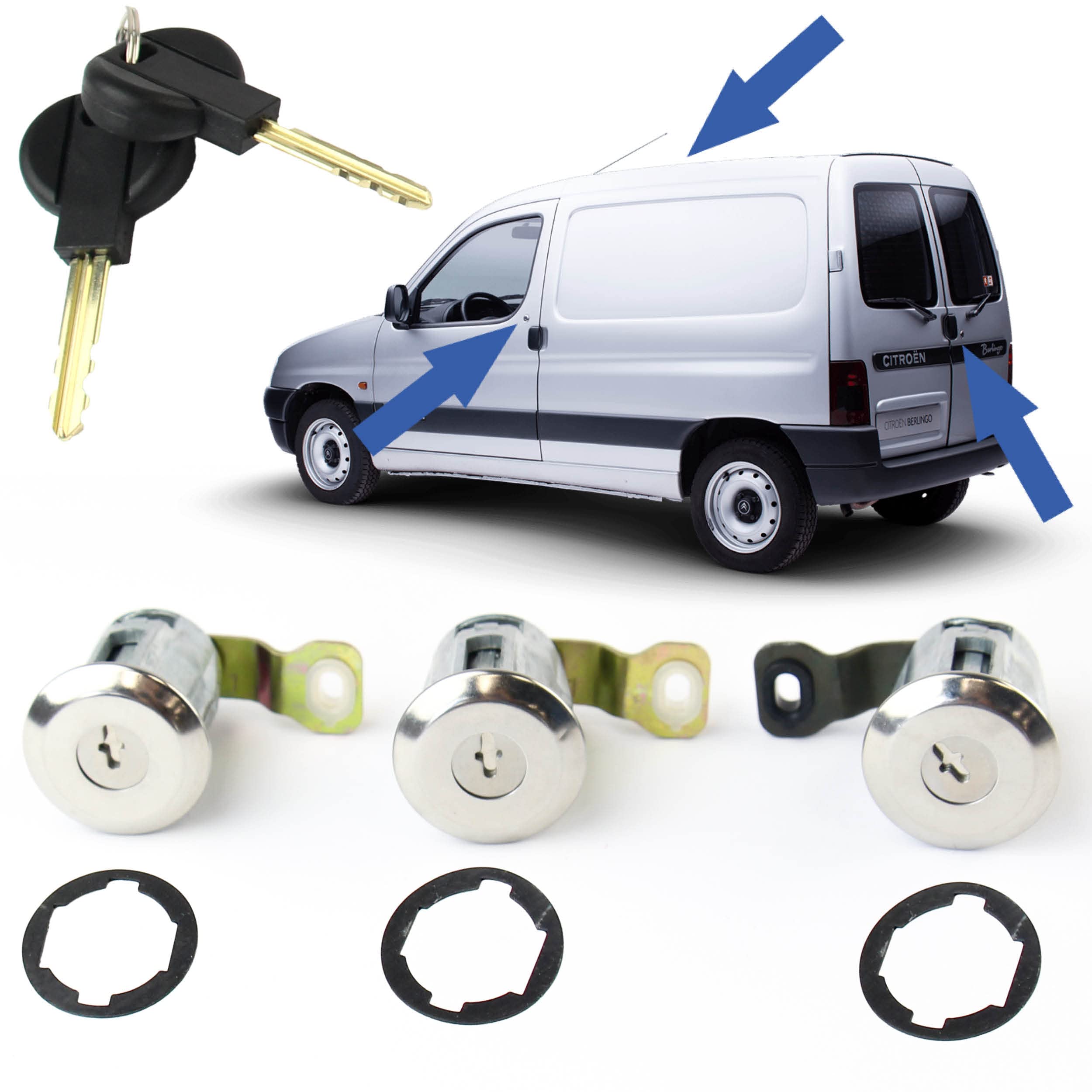 3 serrures de porte compatibles pour Berlingo 1 et Partner 1 (1996-2008) Barillets + double de clés | 4162Q4, 9170CX, 9170CW, 4161H9