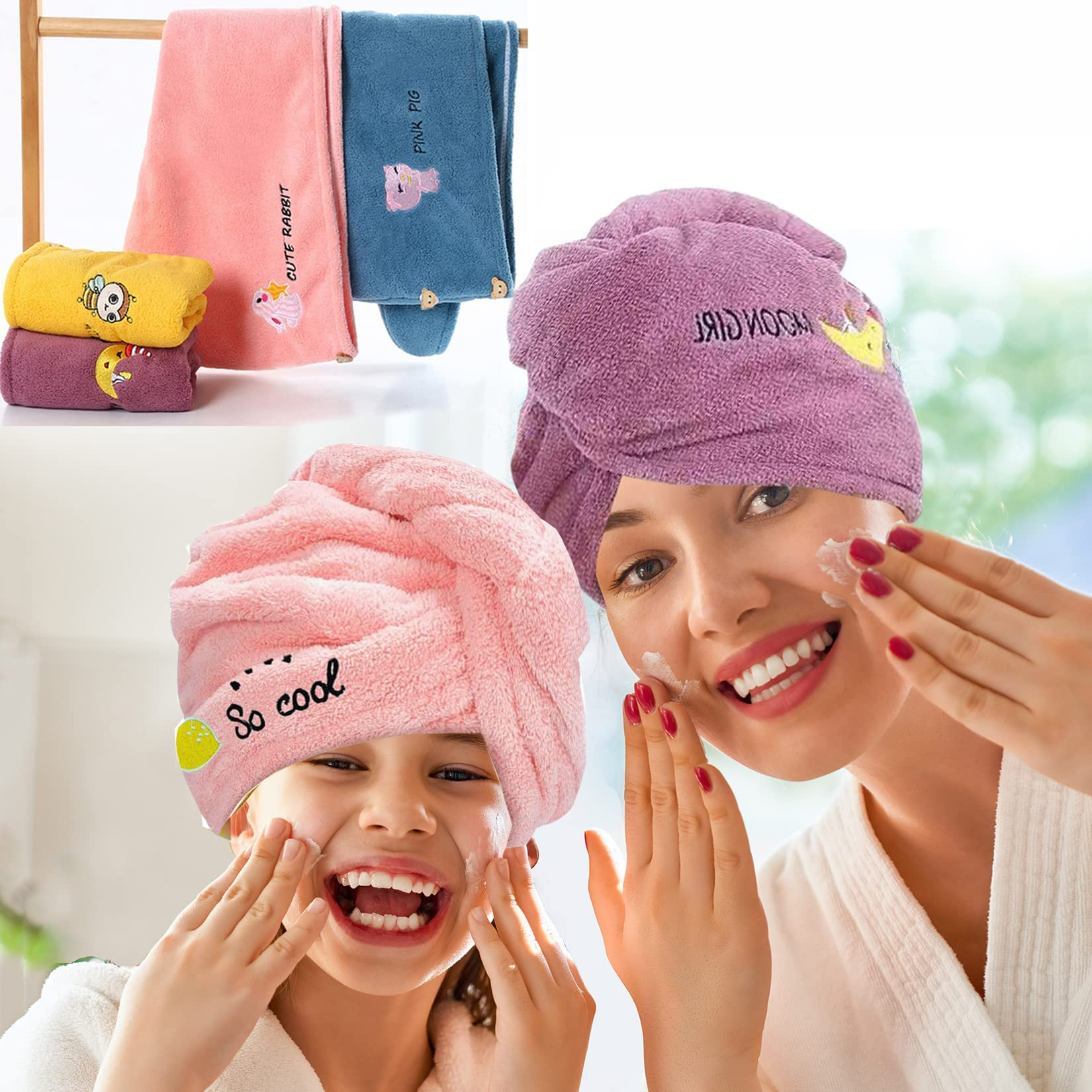 2Pz Asciugamano Capelli Turbante di Alta Qualità,Super Assorbente,Cotone doppio addensato Asciugamano in Microfibra,Asciugatura Rapida Turbanteper Capelli corti e lunghi con Bottoni(blu+viola)