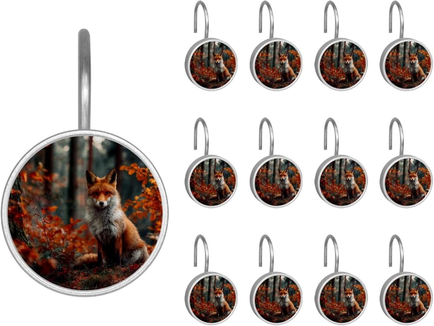 Autumn Forest Fox (7) Round Crystal Glass Decorative Shower Curtain Hooks with 3D Pattern Visual, Rust Proof Shower Curtain Rings-12 Pack