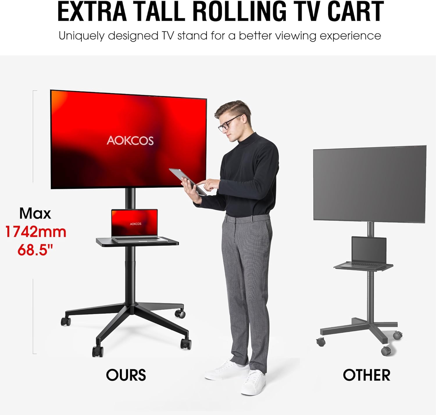 AOKCOS Tall Rolling TV Stand for 32-65 Inch TV, Snap Install Mobile TV Stand with 36 Height Levels, Max Height 68.5", 12° Tilt Rolling TV Cart with Shelf for Office/Home/Living Room/Bedroom