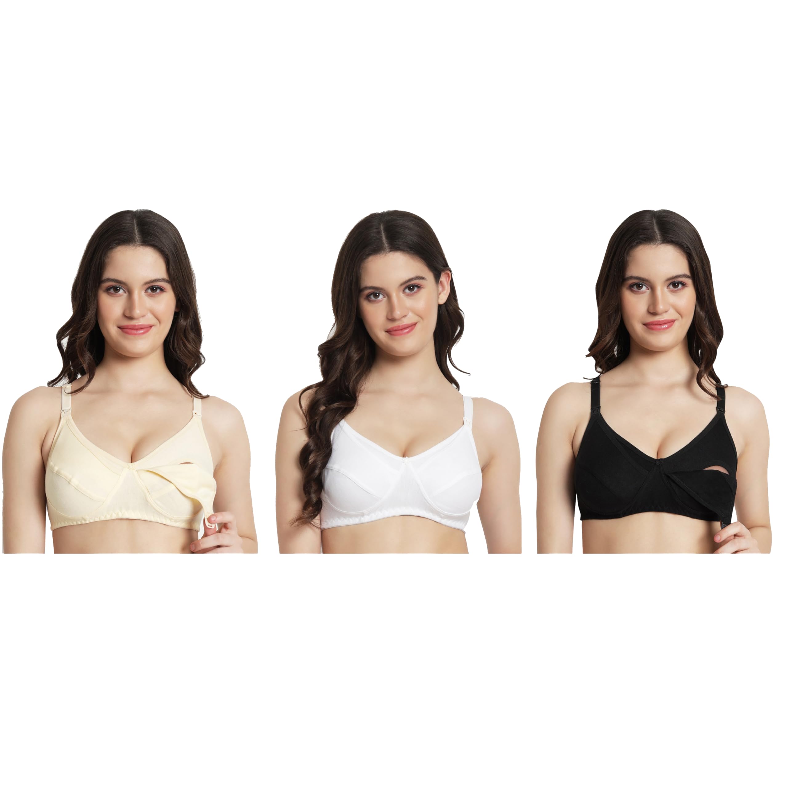Set of 3 Premium 100% Cotton Nursing Bra for Women - Non-Padded Wireless Maternity Feeding Bralette with Easy Front Drop-Down Clips for Breastfeeding Mothers, White-Skin-Black-image-19