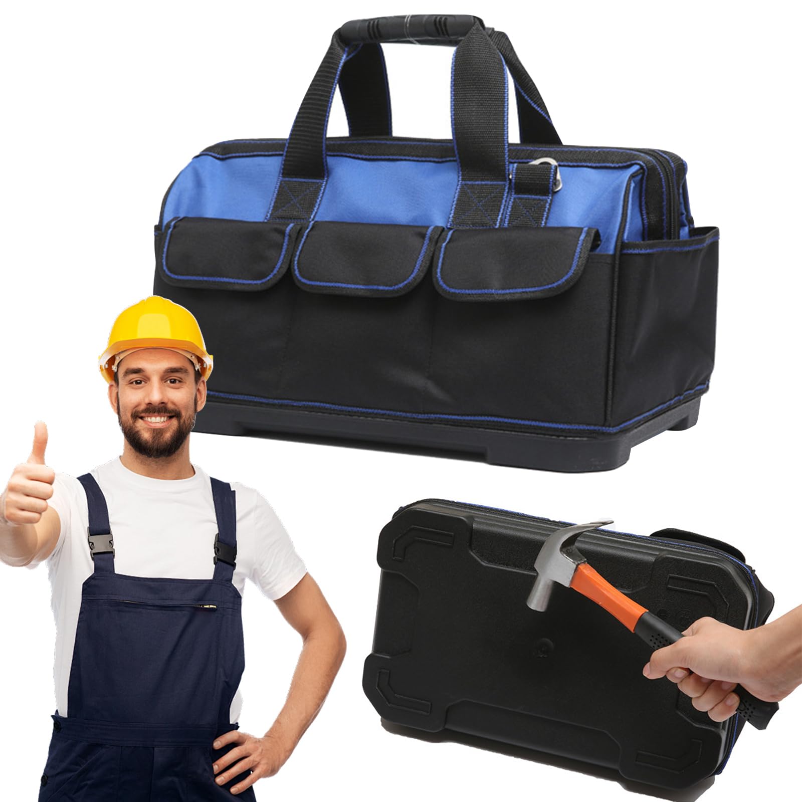 Borsa per attrezzi resistente con fondo rigido impermeabile, ampia apertura per elettricista, carpentiere, meccanico, con molte tasche (Blu, 21/29/40 cm)