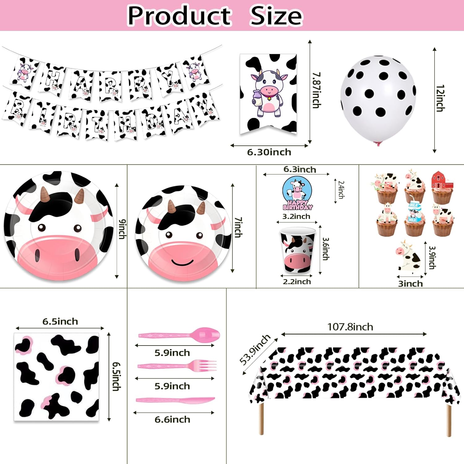 Cow Theme Birthday Party Decorations - Plates, Napkins, Cups, Cutlery, Banner, Cake Topper, Balloons, Tablecloths - Pink, Animal Print - 125 Count - Image 3