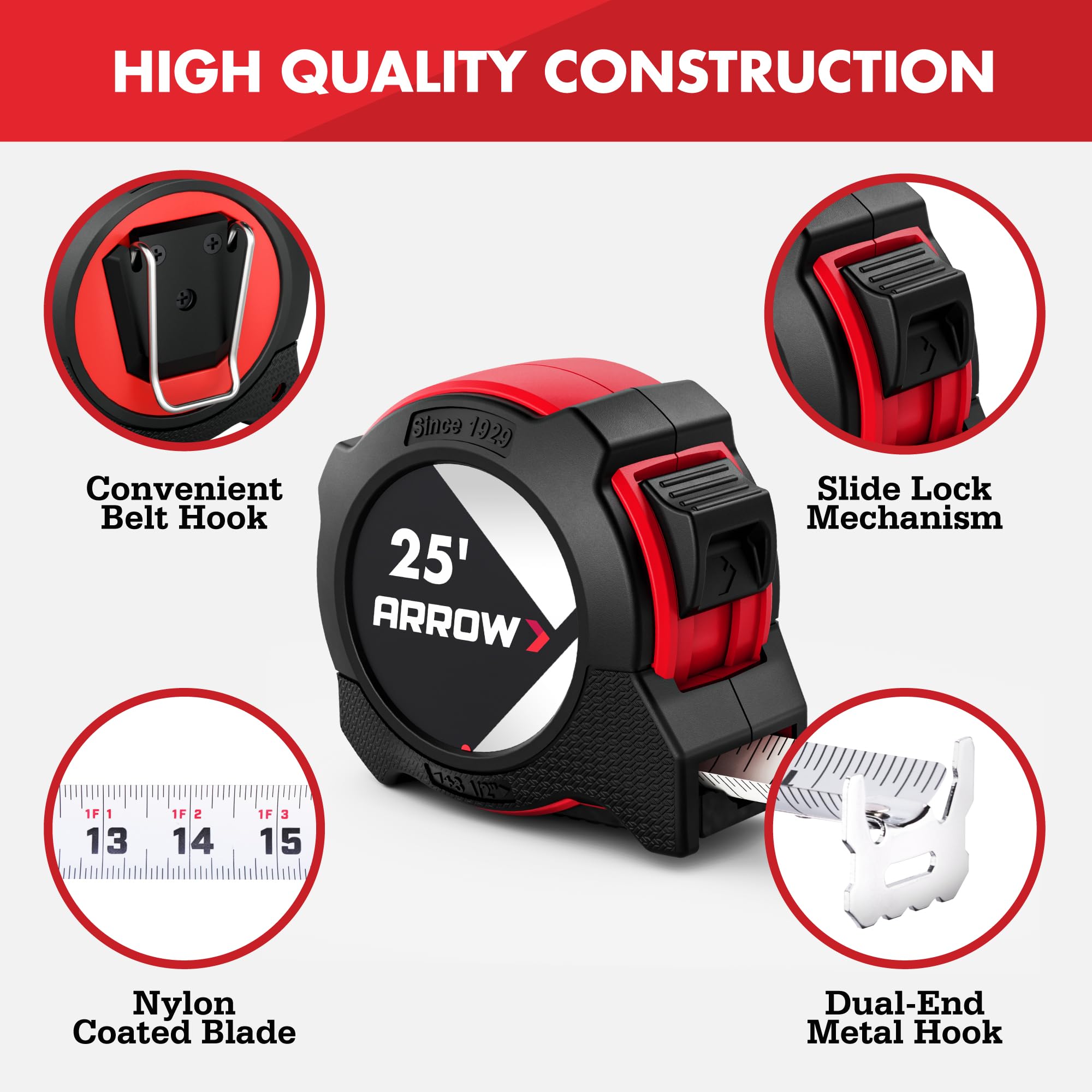 Arrow 25ft Tape Measure - Dual Lock & Durable -3 Arrow 25ft Tape Measure - Dual Lock & Durable -3