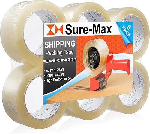 Sure-Max Cinta de embalaje de cartón premium de 1.8 mil 330 pies (110 yardas), transparente, 6 rollos
