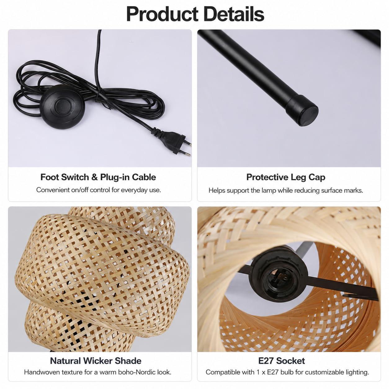 Alpinaluz Lámpara de Pie Trípode E27 Mimbre Natural Base Negra | Pantalla tejida a mano Ø30 cm y estructura metálica negra, estilo boho rústico para salón, dormitorio y lectura