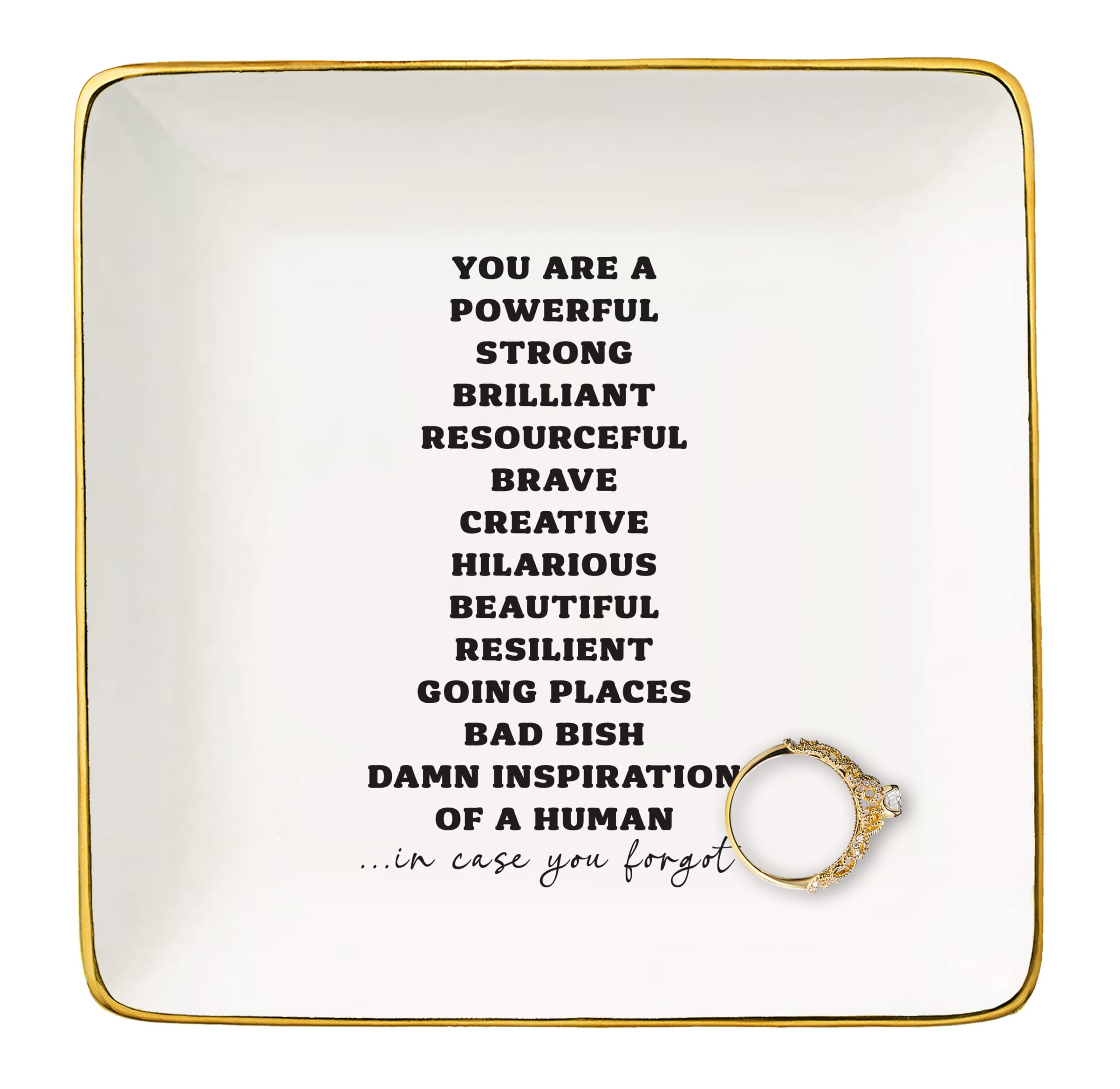 Nzy Women's White Inspirational Quotes Gifts-Affirmations Gifts-Funny Reminder Gifts-Positive Motivational Gifts,Encouragement Gifts,You Are A Powerful Strong-Christmas Gifts-Jewelry Tray Trinket Holder Ring Dish