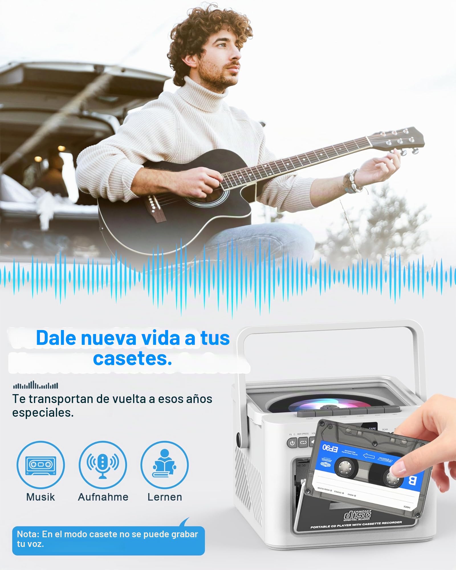 Greadio Boombox - Reproductor de CD portátil, reproductor de casete con radio FM, Bluetooth 5.1, batería recargable de 5000 mAh, control remoto, entrada de tarjeta AUX/USB/SD, altavoz de 5 W, pantalla