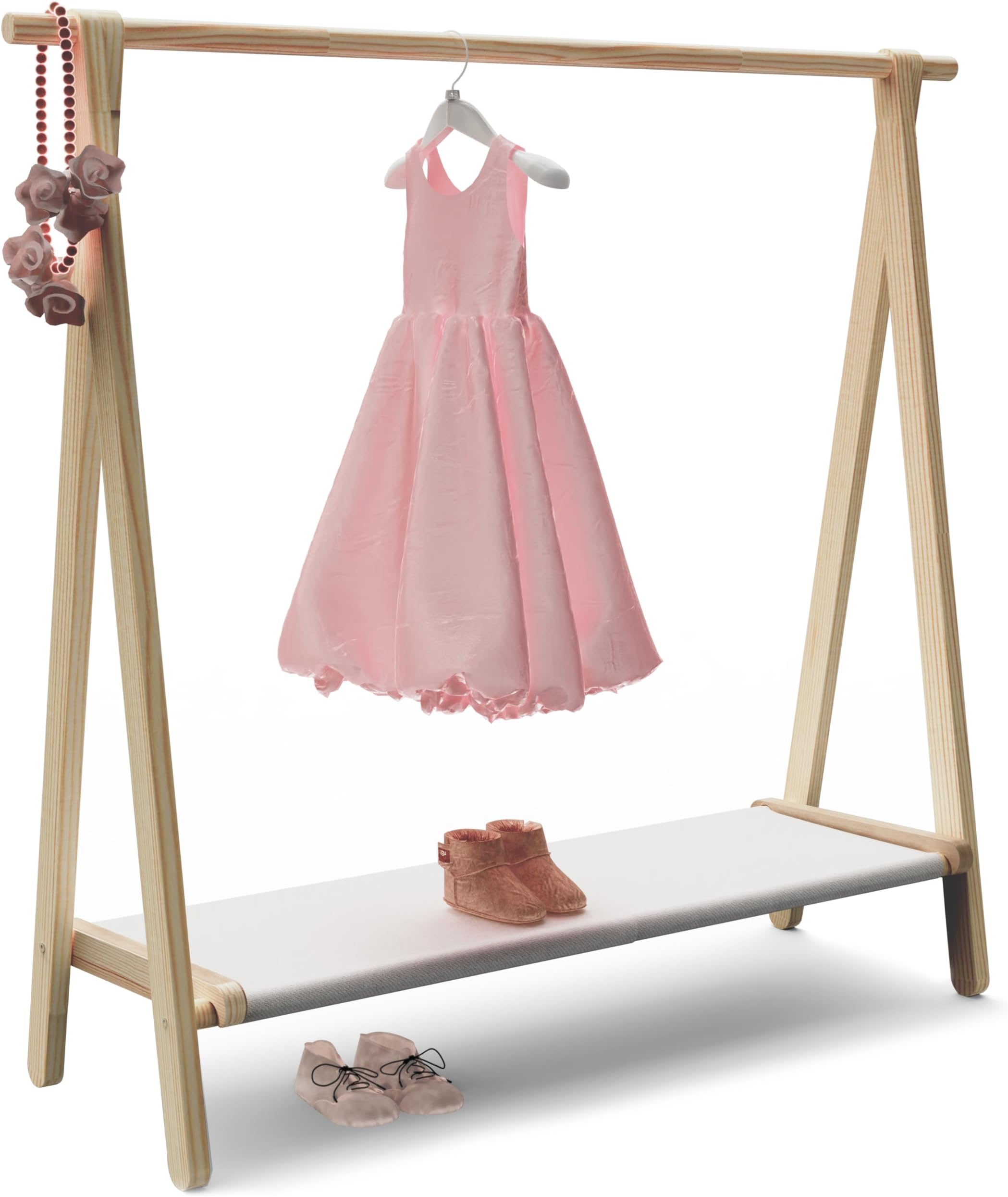 Dress up Rack, Child Garment Rack, Kids Clothing Rack with Storage Shelf(Natural Pine, 47.5" L x 14.5" W x 43.7" H)