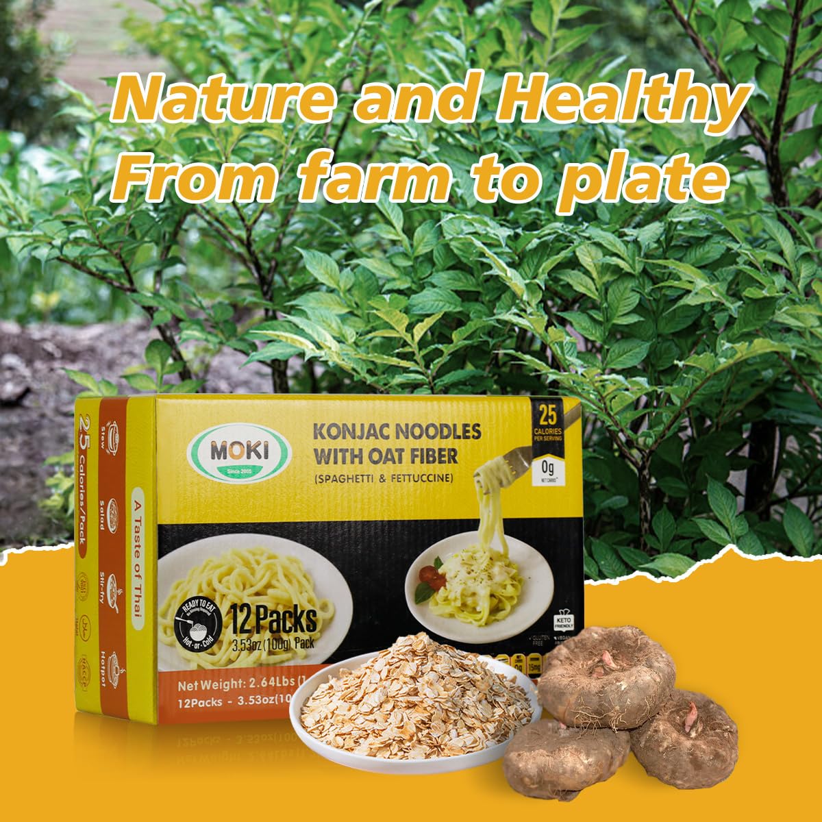 MOKI Wide Konjac Oat Fiber Noodles,Shirataki Thai Fettuccine,12 Pack Low-Calorie Shirataki Pasta, Keto & Paleo-Friendly, Low-Gluten, Vegan,Low-Carb,0-Fat, Oat Flavor from Thailand (42.36 oz,1200g)