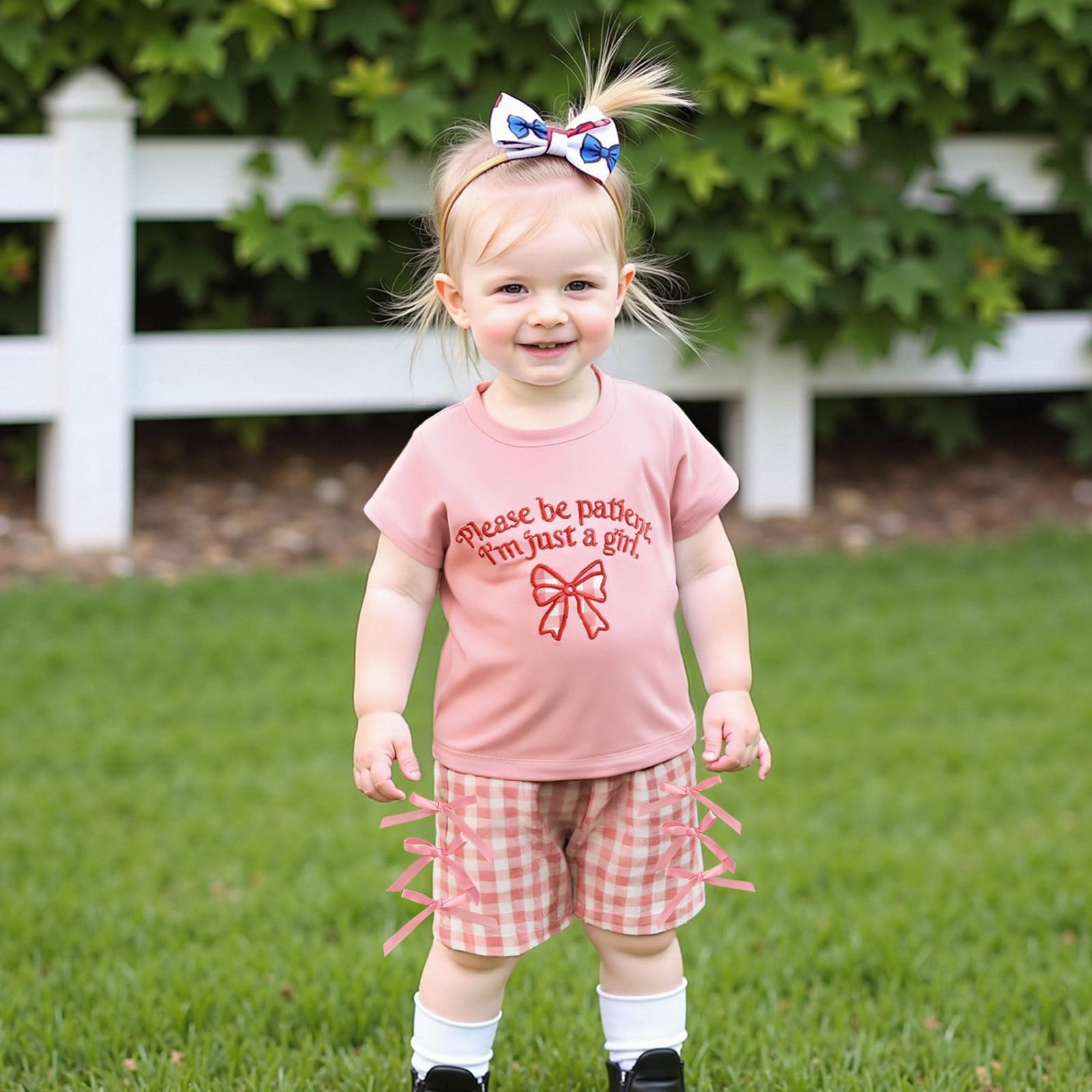 niceclould Toddler Girl Summer Outfit Bow Letter Embroidered Short Sleeve Tops Plaid Shorts Set 2Pcs Clothes for Casual Daily (A-Pink, 18-24 Months)