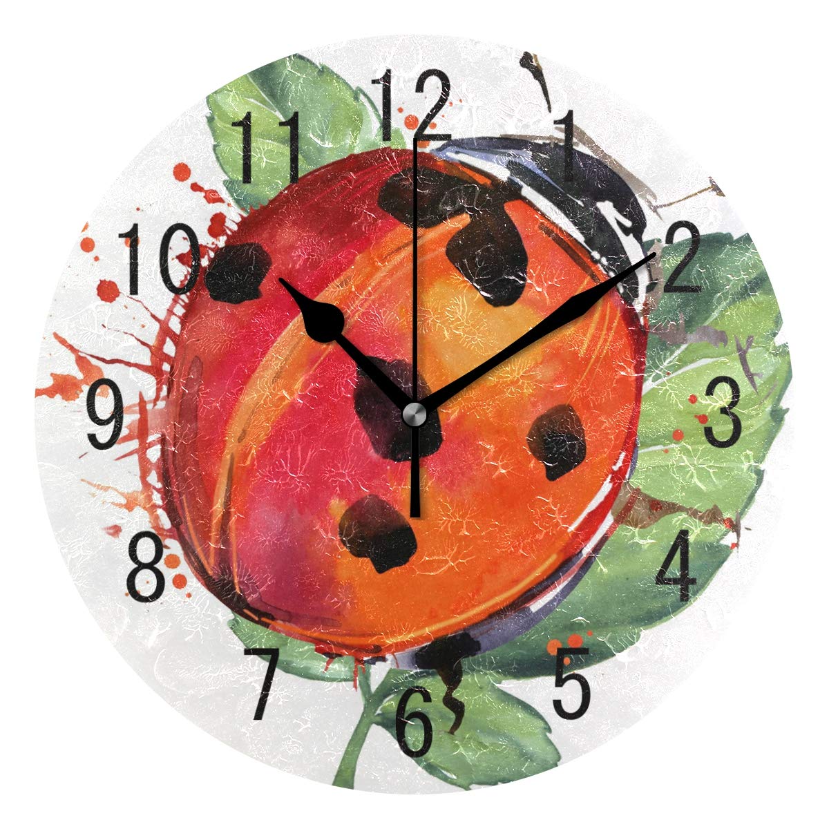Use7 Home Decor Ladybird Insect Watercolor Round Acrylic Wall Clock Non Ticking Silent Clock Art for Living Room Kitchen Bedroom