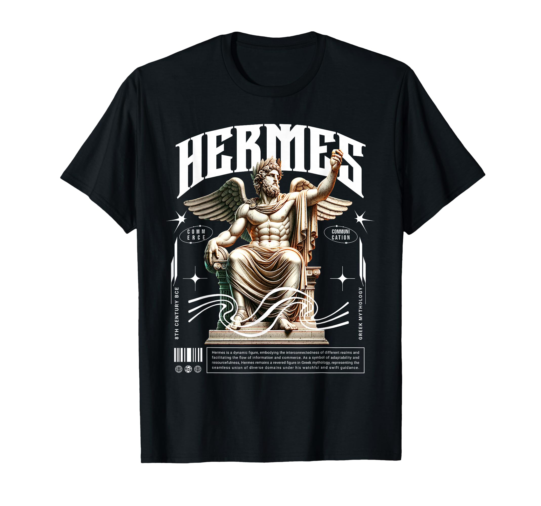 Hermes Greek God Statue Greek Mythology Streetwear T-Shirt, Small, Black