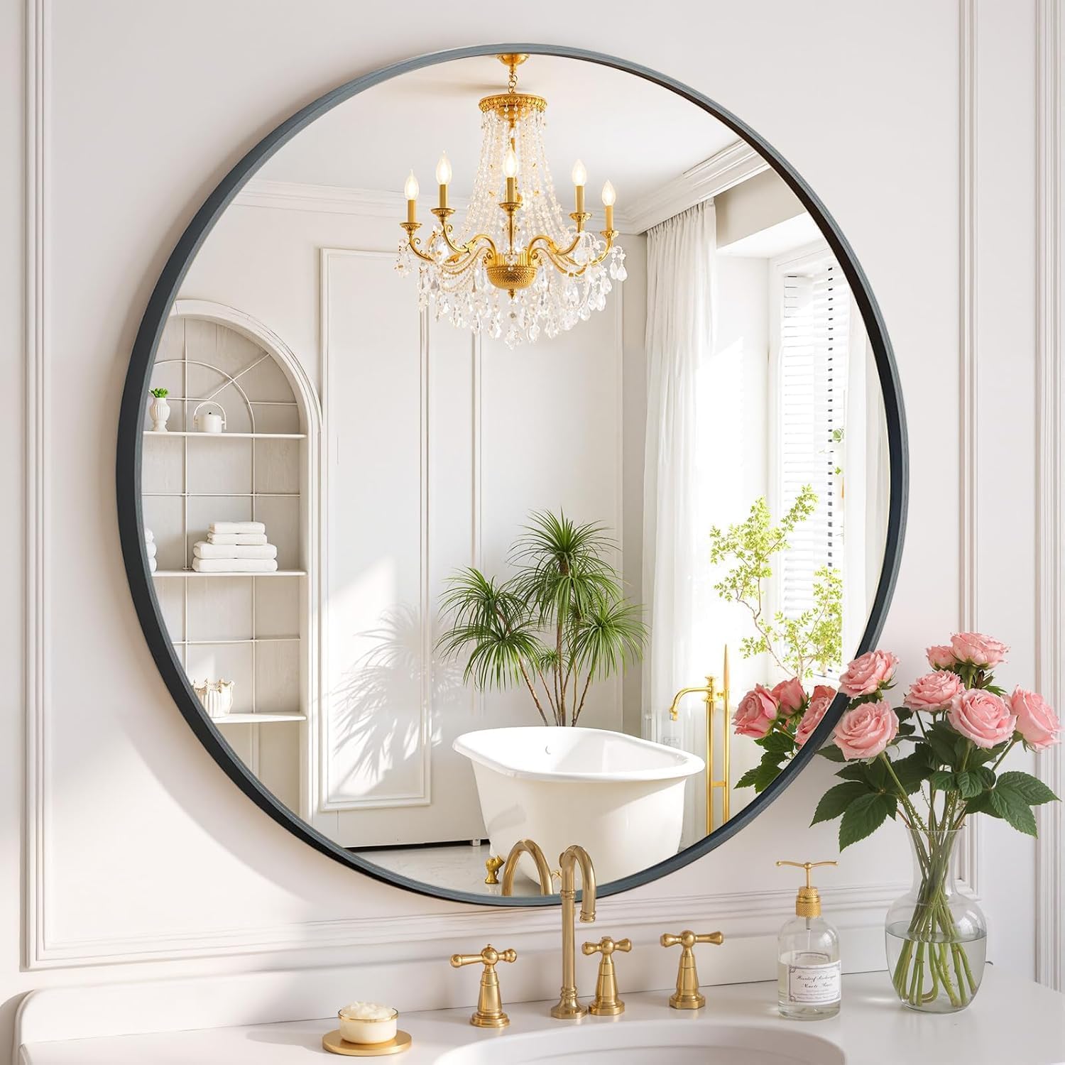 Simple Deluxe 28 Inch Round Bathroom Mirror, Black Vanity Mirror with Metal Frame, Modern Circle for Bathroom, Entryway, Bedroom, Living Room, Wall Mounted Decorative Mirrors (Black)