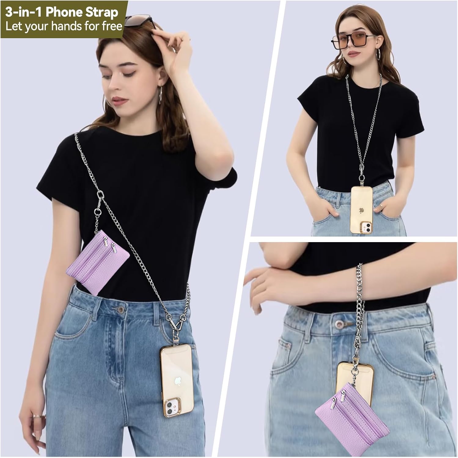 Clip and Go Strap for Phone Silver Metal Chain with Purple Pouch Wallet Crossbody Phone Lanyard for Women with Cell Phone Stand Holder 2 Patches Tether Adjustable Anti Theft for iPhone 16 Pro 15 All image 2