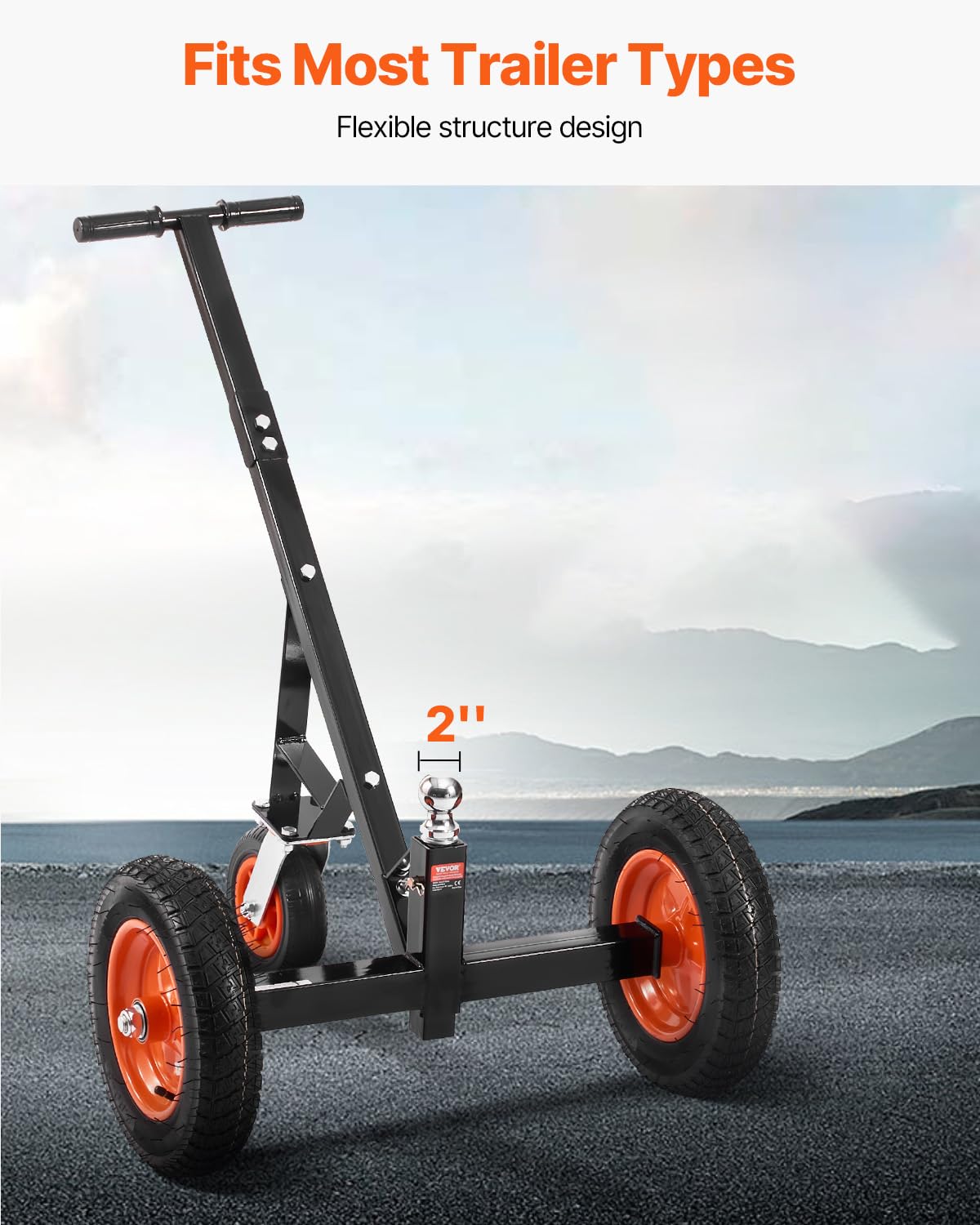 VEVOR Carrello per Rimorchio in Acciaio al Carbonio Regolabile in Altezza 42,5 cm a 56 cm, Sfera di Attacco e Pneumatici, Trasportatore Spostamento Rimorchi per Camper, Capacità 454 kg