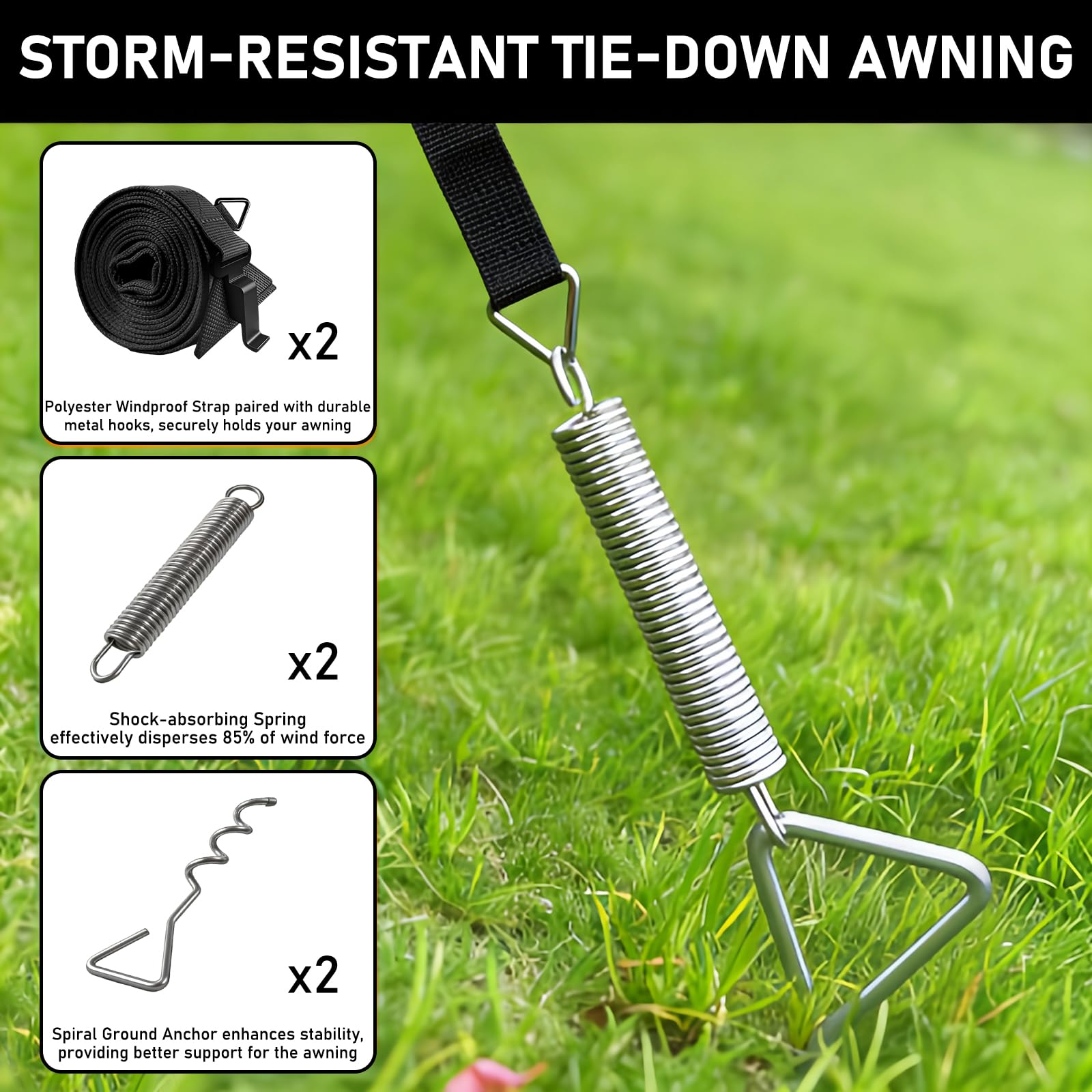 Awning Tie Down Kit for Motorhomes & Caravans, Universal Awning Storm Strap Kit with Adjustable Polyester Straps + Ground Anchors + Tension Springs + Storage Bag (Black) — view 2