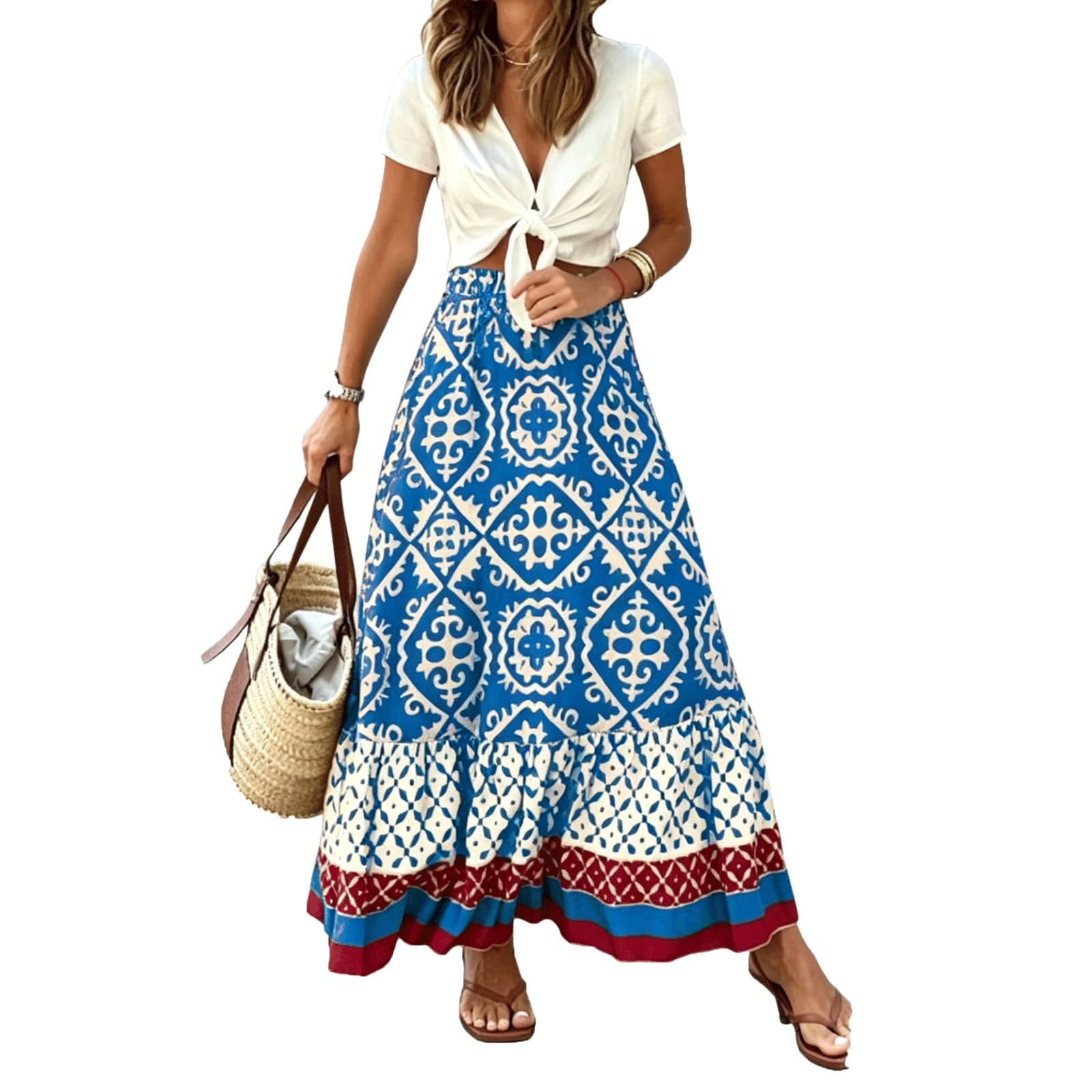 UYHBCNQD Printed Midi Long Skirt Full Women's Maxi Skirts High Elastic Waisted(Blu,Lagre)