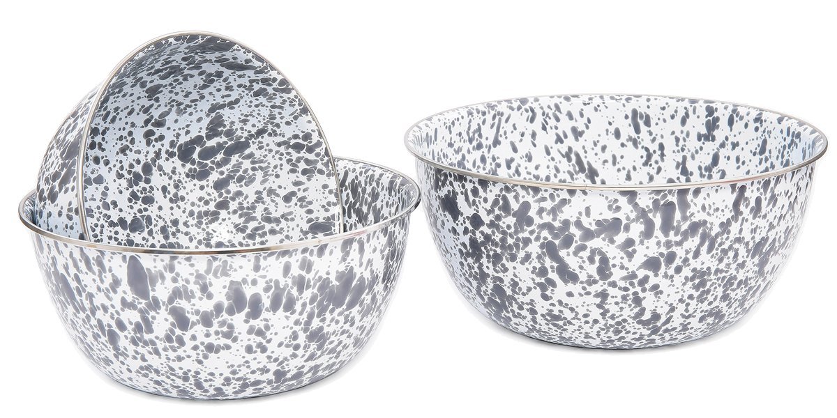Crow Canyon Enamelware - 3 Piece Mixing Bowl Set - Grey on White Marble