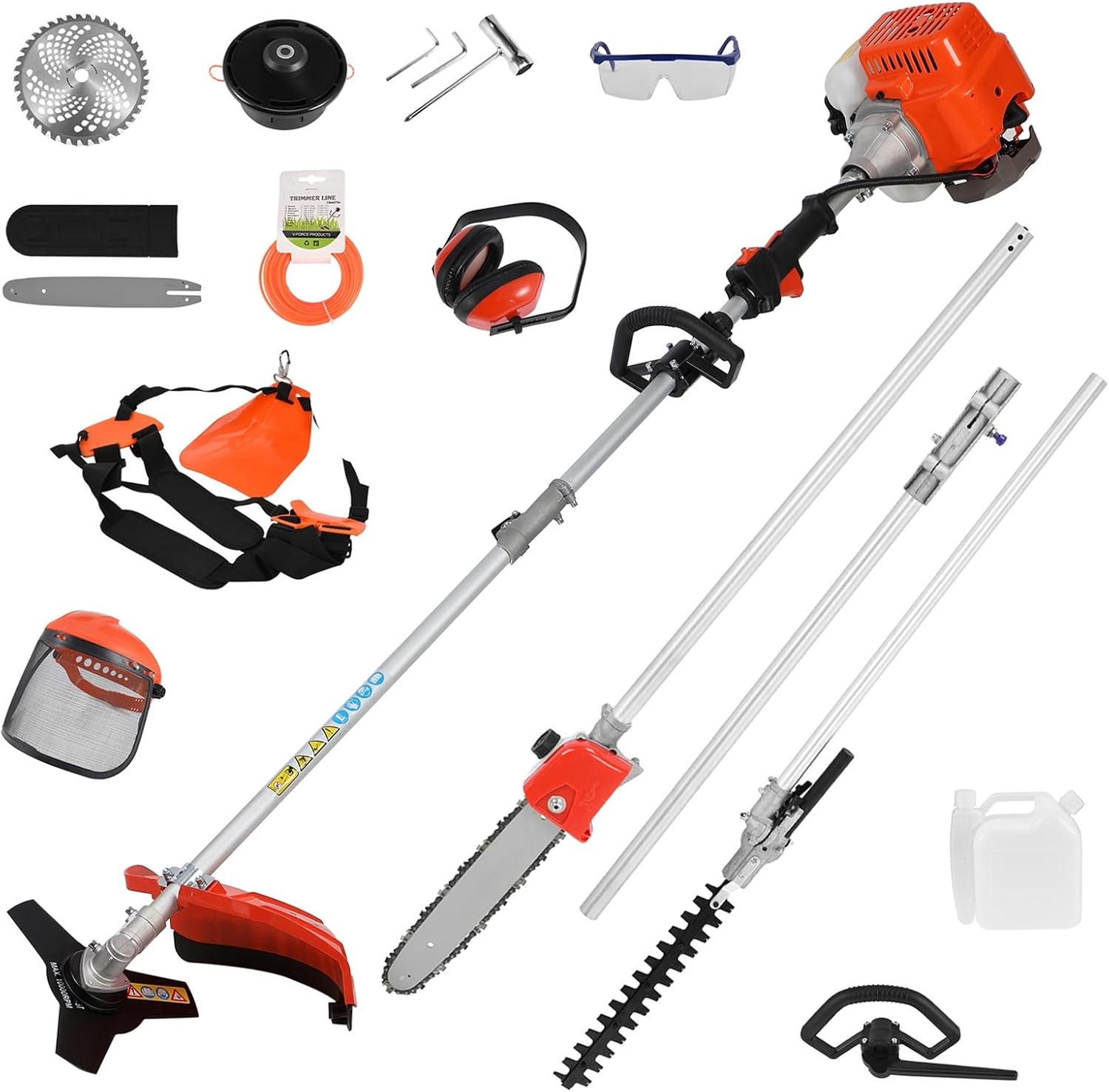 5-in-1 Weed Eater Gas Powered - 52cc 2-Cycle Pole Saw Hedge Trimmer Combo, Brush Cutter, Edger, Weed Wacker, Tree Chainsaw with Extension Pole for Home, Yard, Garden Care