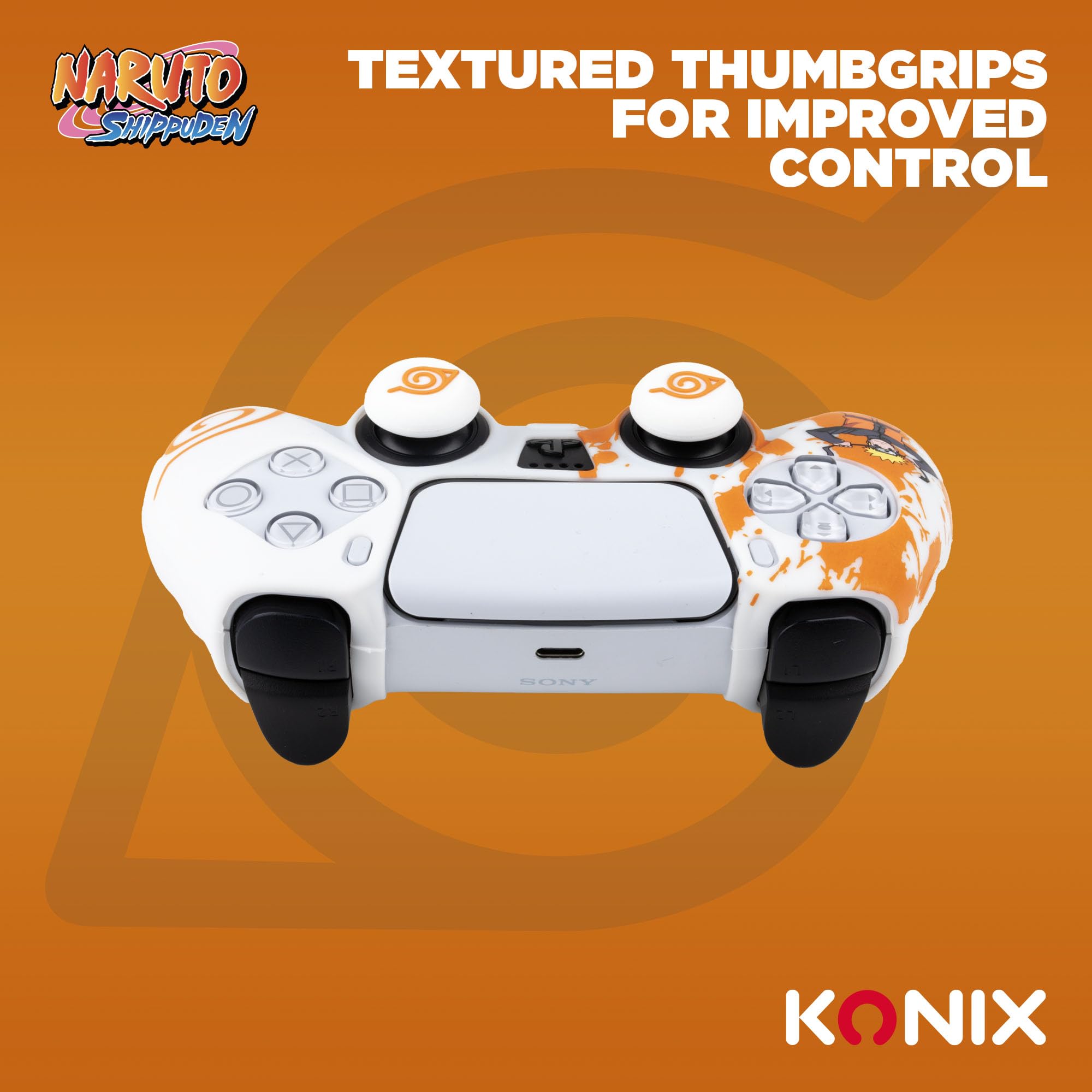 Konix Naruto Shippuden Caracasa Protectora para Mando DualSense de PS5 - Silicona - Apoyos para Pulgares - Diseño Konoha, Naruto - Blanco