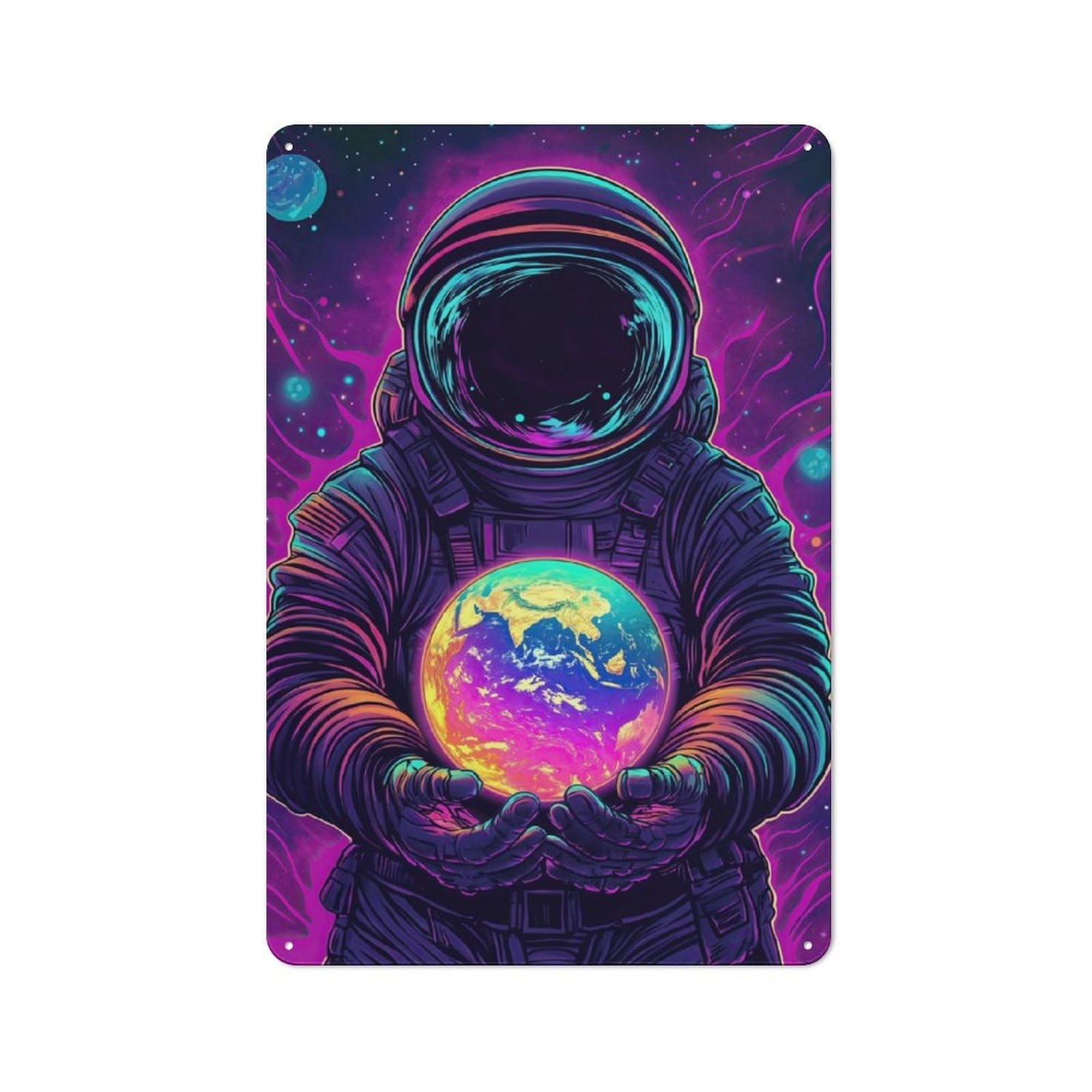 Junmoney Astronaut Holding Earth Clean Industrial Decorative Metal Plaque 30X20cm, Loft Wall Plaque For Modern Home, Workshop, Office Or Cafe