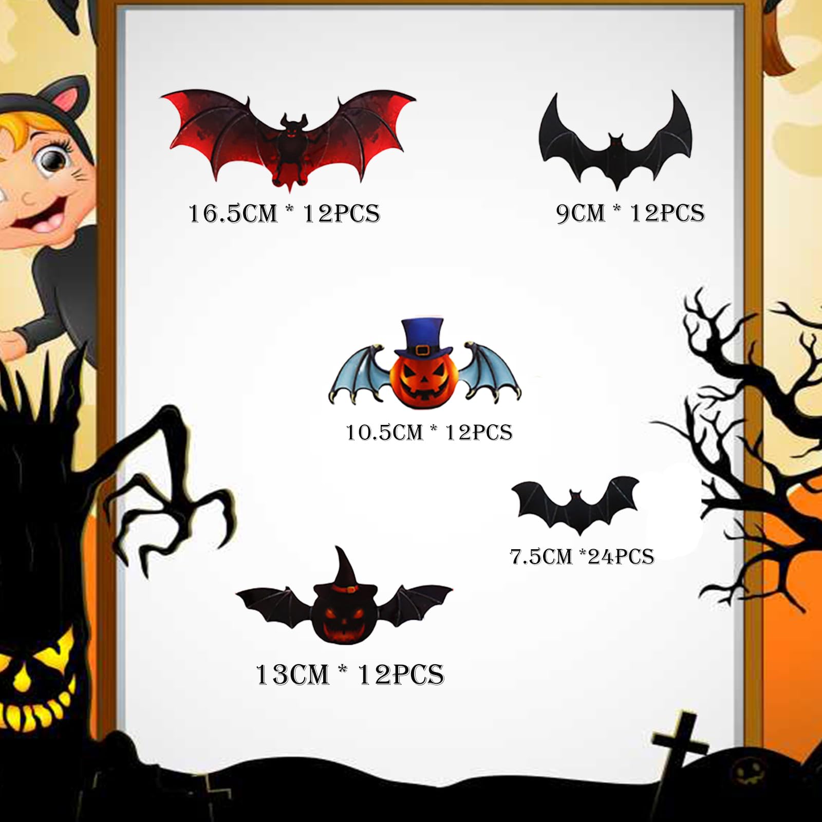 72pcs Halloween Decorations Pumpkin Bats,Black PVC Pumpkin Bats 3D Wall Sticker DIY 5 Size Bats Halloween Party,Halloween Scary Bats for Home Window Room Scary Bats Halloween Sticker Party Supplies - Image 2