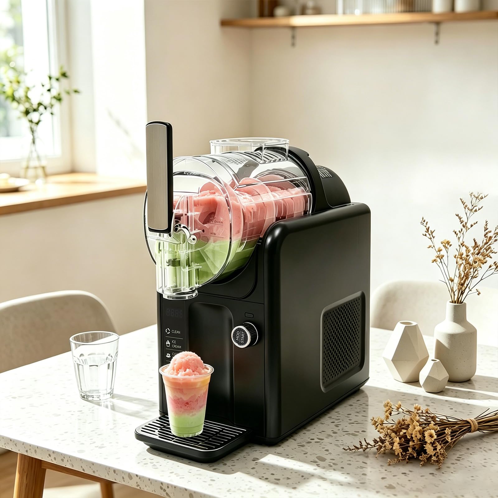 Máquina de granizado de 2 litros, 5 en 1 con pantalla LED, 6 programas para granizados, cócteles, batidos, helados y frappés, autolimpiante, no requiere hielo, ideal para casa y fiestas, color negro