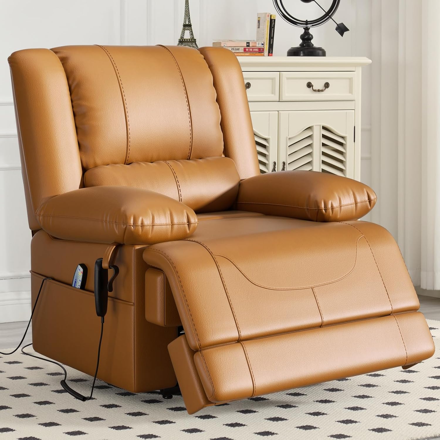 Infinite Position Dual Motor Power Lift Recliner Chair,with Massage and Heating,Fluffy Armchair with High Density Foam Cushion with USB Port and Remote Controls(Faux Leather,Light Brown)