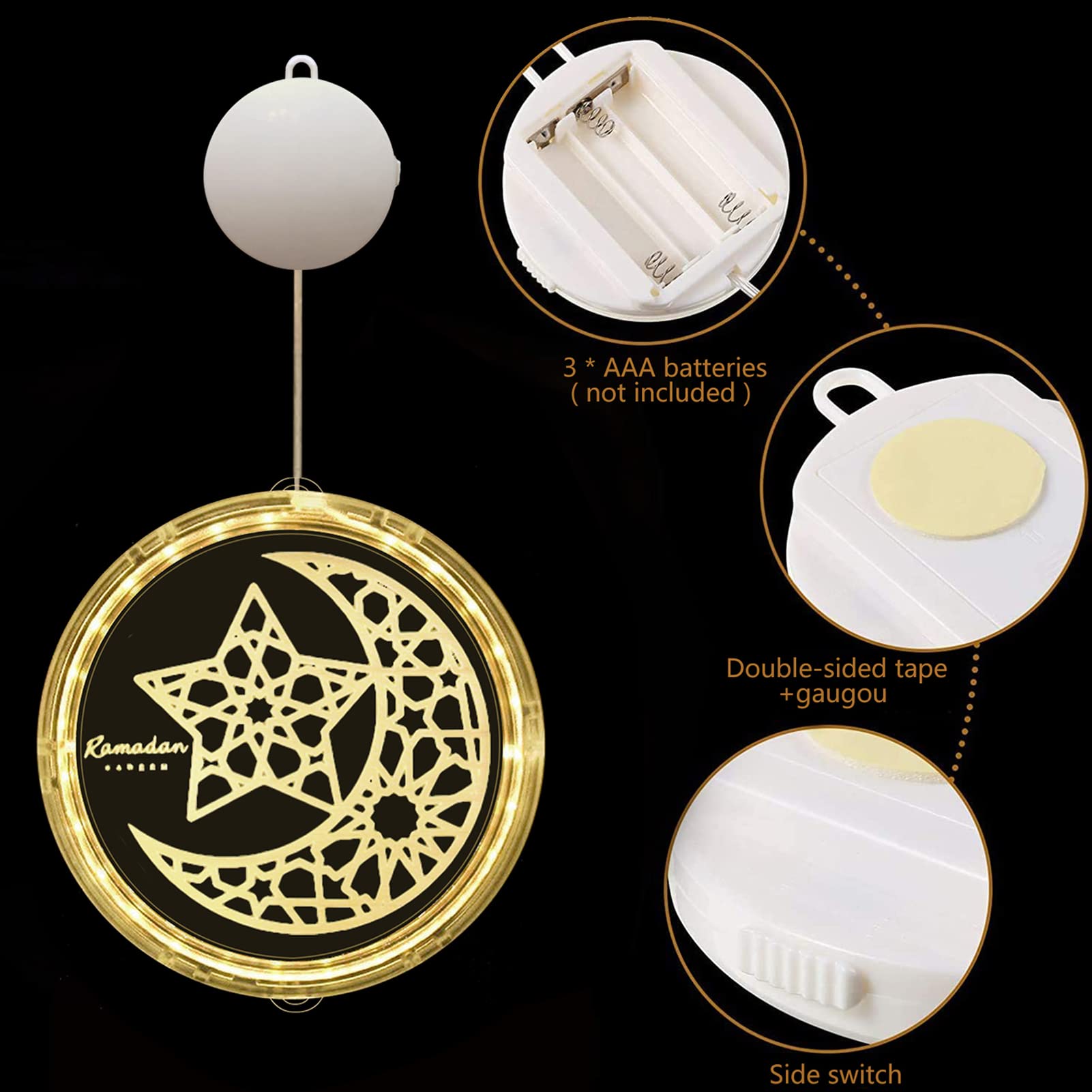 Ramadan-Lichterkette 50 Cm Für Innen – LED-Deko Mit Monden, Burgen, Laternen & Sternen, Batterie-/USB-Betrieb, Timer-Funktion, Inkl. Klebehaken – Fensterbeleuchtung Für Ramadan & Eid