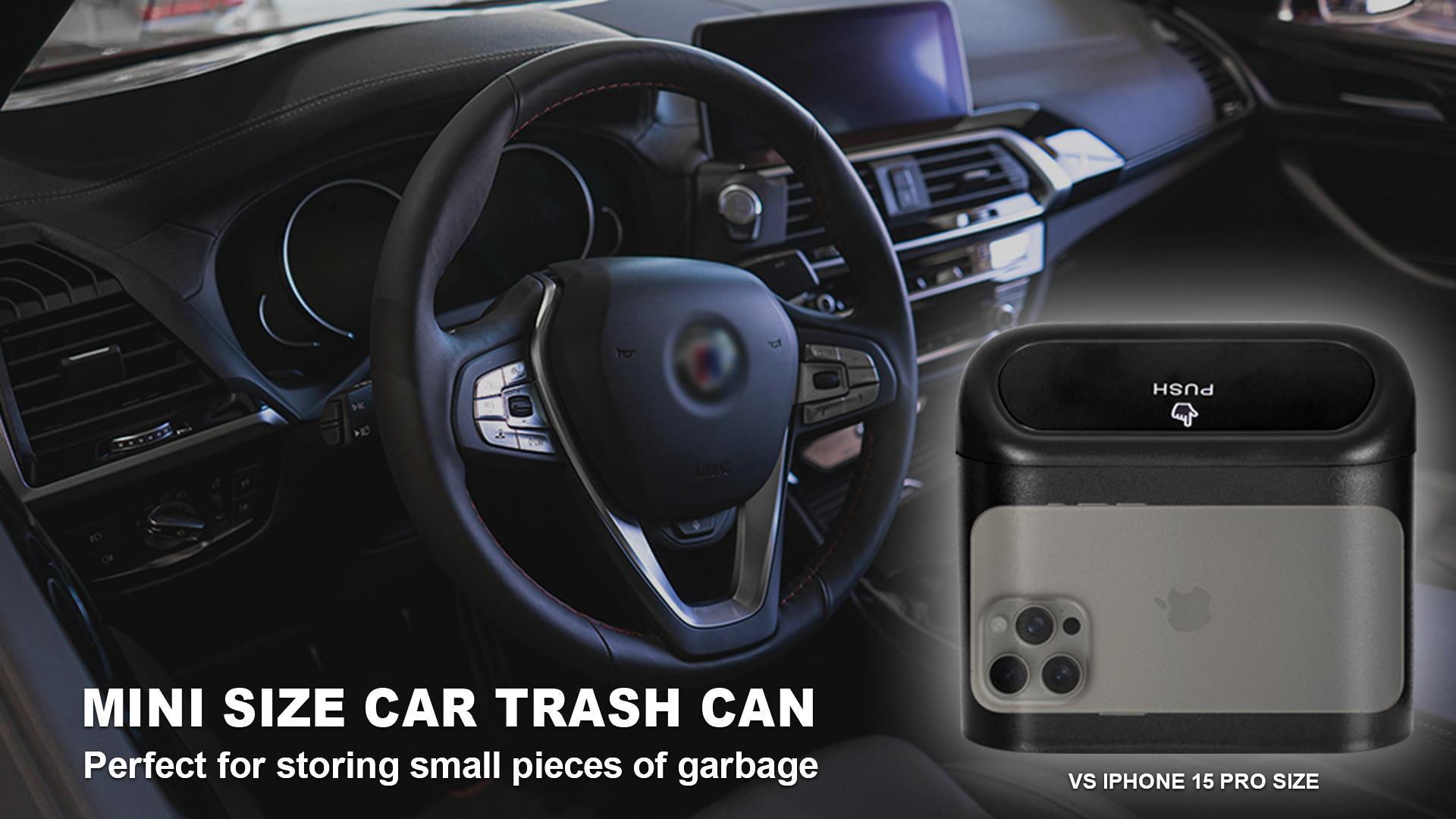 Image of Ginsco 2 Pack Mini Car Trash Can with Lid, Small Car Trash Bin, Car Accessories for Interior, Leakproof ABS Car Garbage Bin for Car, Home, Office with Additional 2 Hooks and 90pcs Trash Bags Black