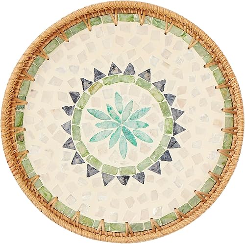 Miniatura 7 de Round Rattan Tray with Mother of Pearl Inlay, Rattan Serving Tray with Wooden Base, Decorative Wicker Basket for Table Decor, Storage and Display of