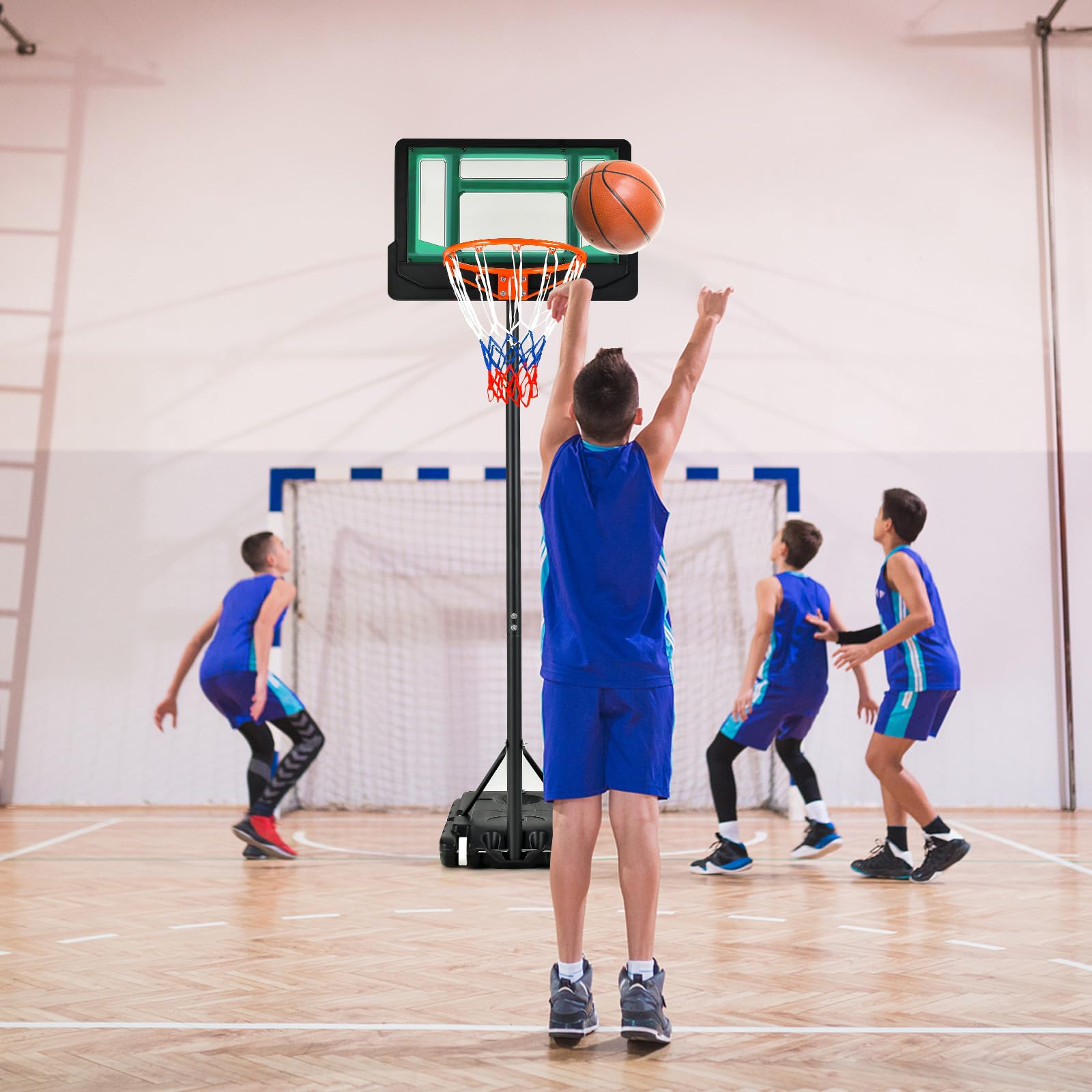 COSTWAY Canestro Basket Bambini, Canestro da Basket Esterno ed Interno Portatile e Regolabile in Altezza 90-210cm, con Ruote, Tabellone Infrangibile e Incavo per Pallone