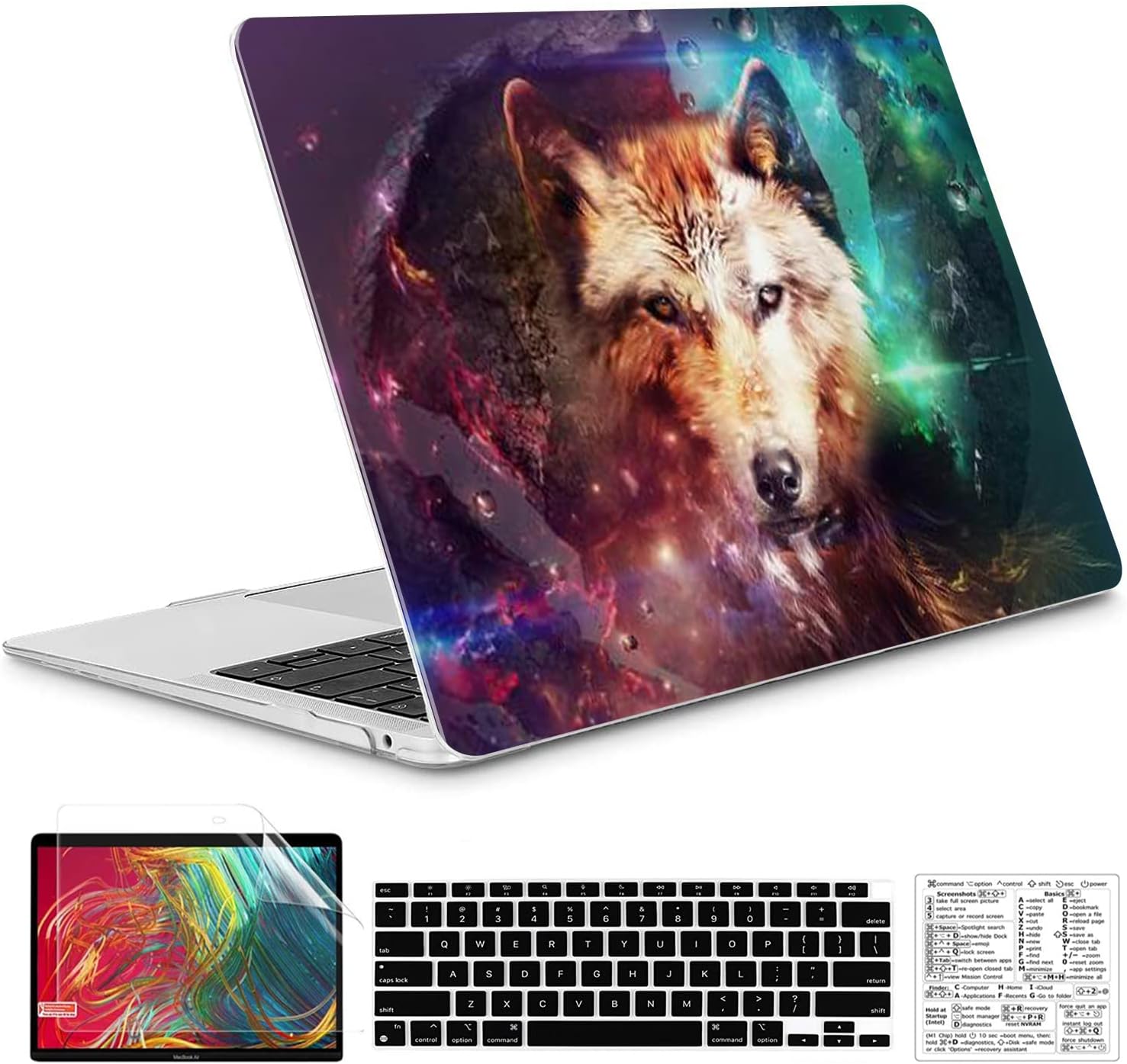 Compatible with MacBook Air 13 Inch Case 2022, 2021-2018 M1 A2337 A2179 A1932 Durable Hard Plastic Shell Case &Keyboard Cover&Mac OS Keyboard Sticker (Wolf)