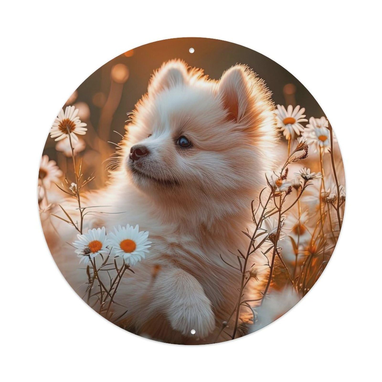 Cwbufd Vintage Style Animal Puppy Pomeranian In Golden Hour Light With Daisies Vintage Metal Tin Sign Plaque Wall Decor For Cafe, Club Bar, Office, Garden Metal Poster 8X8inch