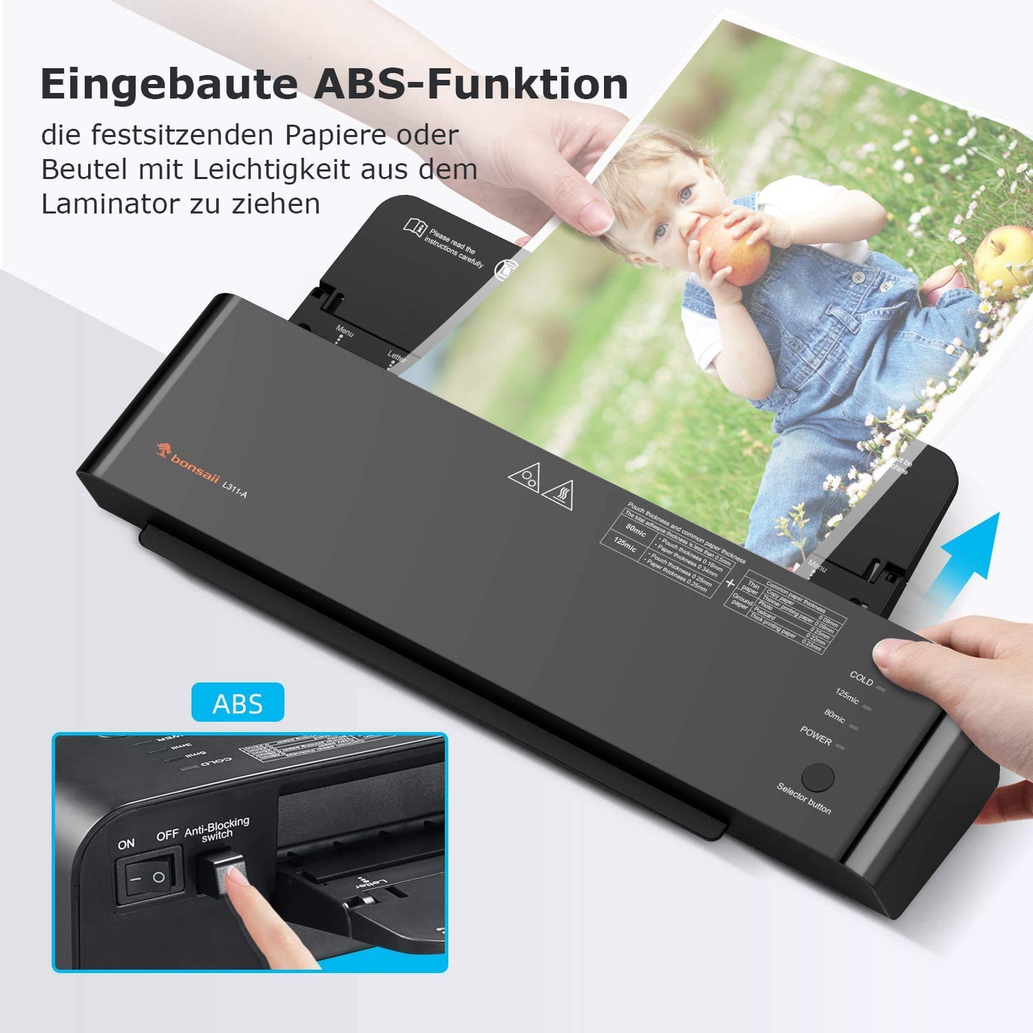 Bonsaii Laminator do DIN A3/A4/A5 80mic 125mic zestaw do laminowania na gorąco i zimno, 4 w 1, z 25 foliami do laminowania, nożykiem do papieru i przecinakiem rotacyjnym, do użytku domowego, do biura nauczyciela, czarny (L311-A)