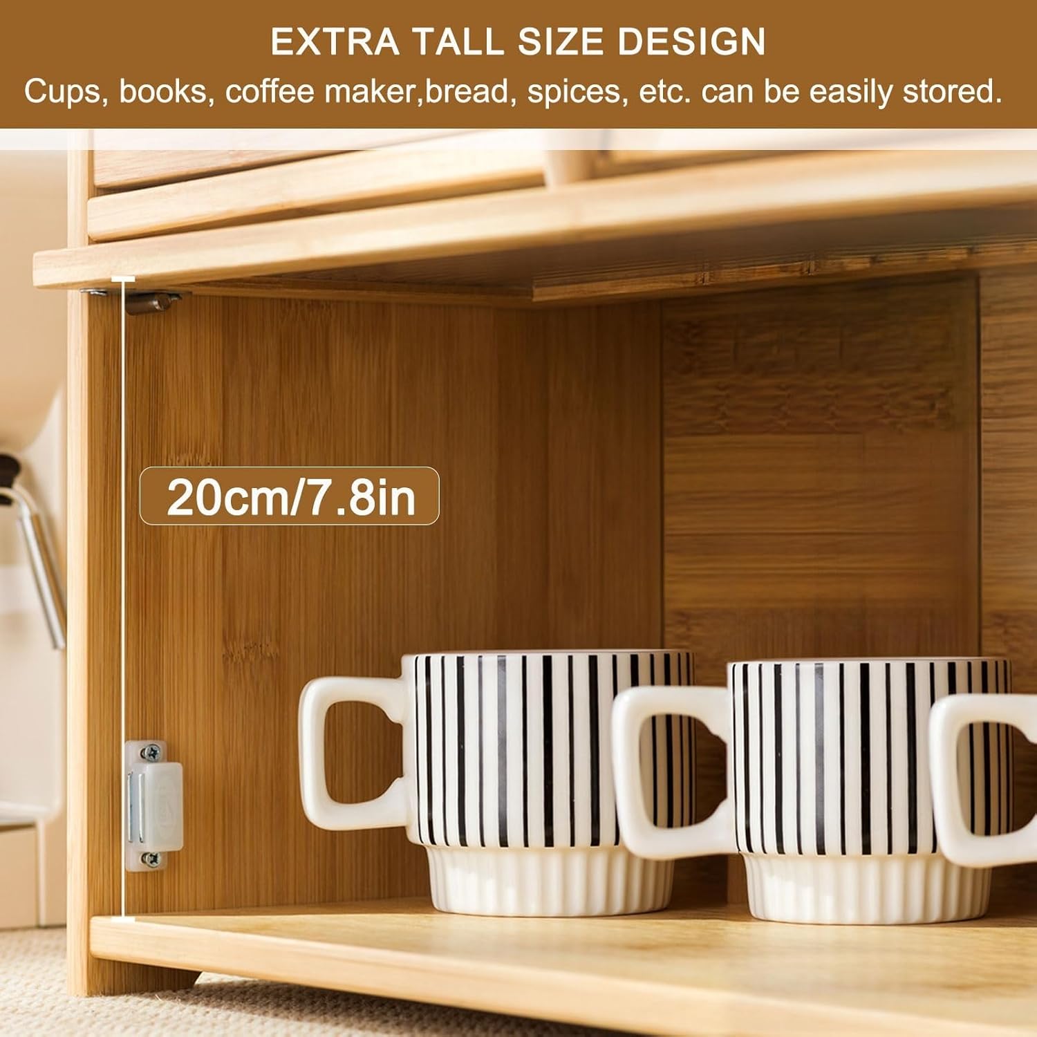 Bamboo Kitchen Pantry Sideboard, Freestanding Storage Cabinet with Sliding Doors, Countertop Organizer for Spices and Dishes, Space-Saving Design (Black, 1 Tier)