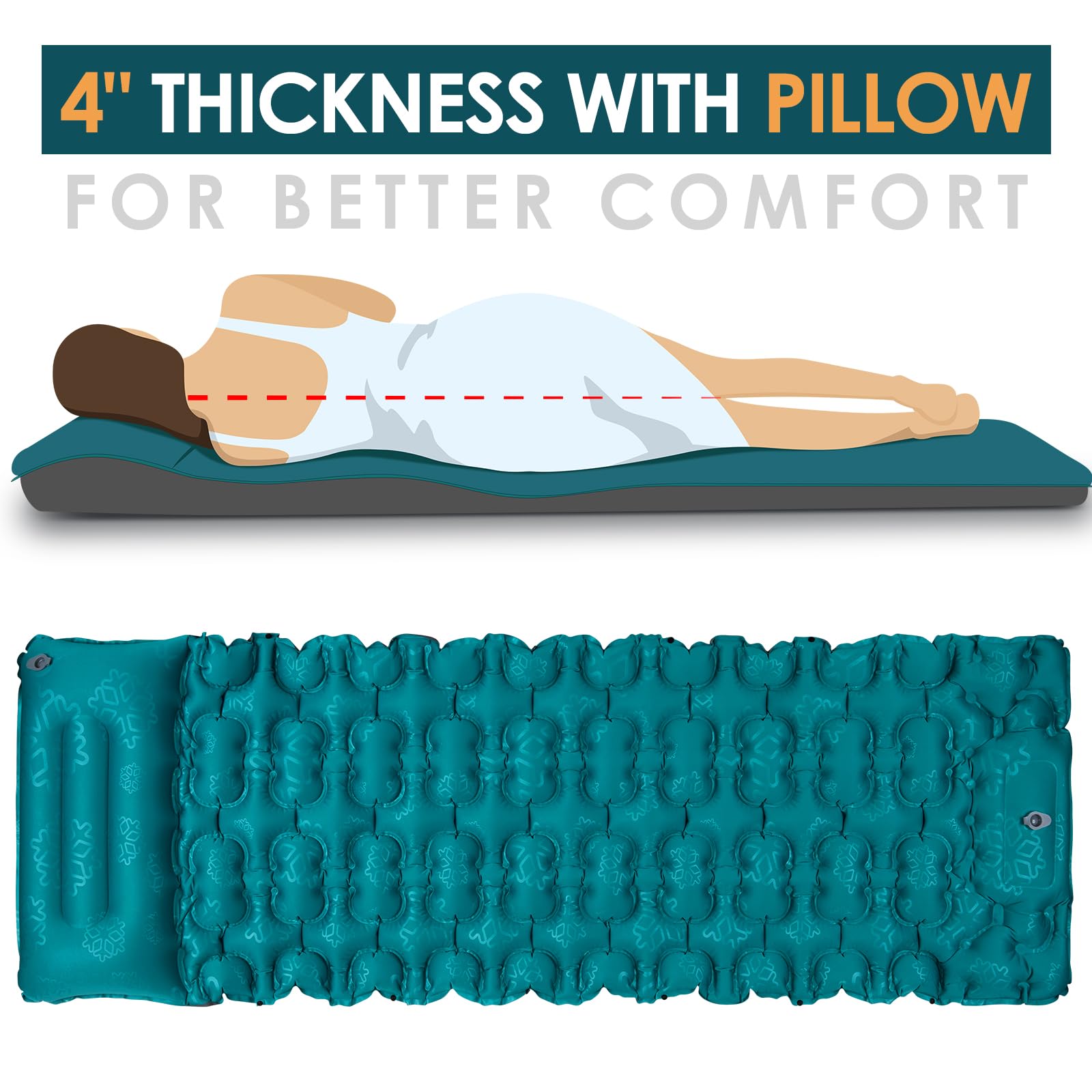 AKSOUL Camping Sleeping Pad Inflatable: 4inch Thick with Pillow, Self Inflating, Ultralight & Compact, Wide Insulated Air Mat, Lightweight Camp Mattress for Outdoor, Hiking, Tent, Backpacking